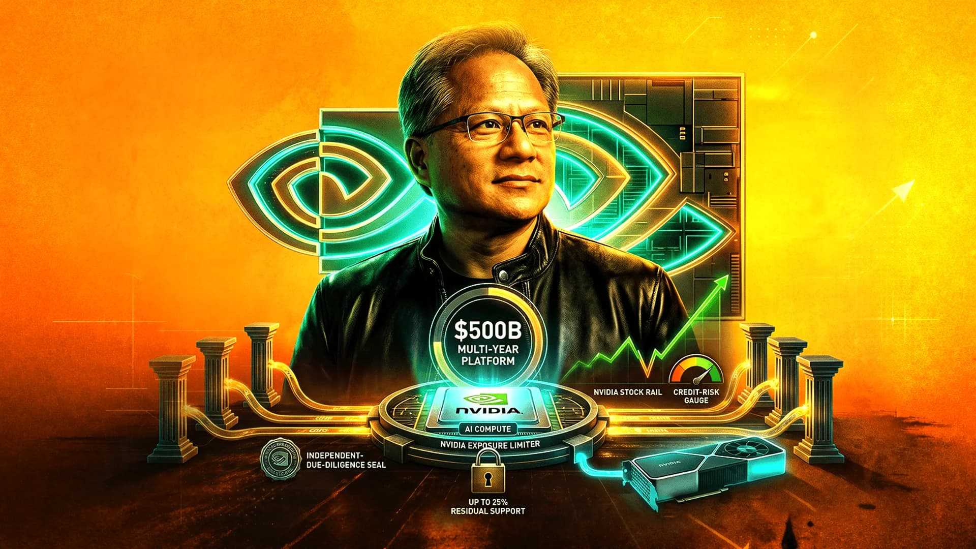Portrait of Jensen Huang with NVIDIA logo, a graphics card, and financial data visualizations on an orange background.