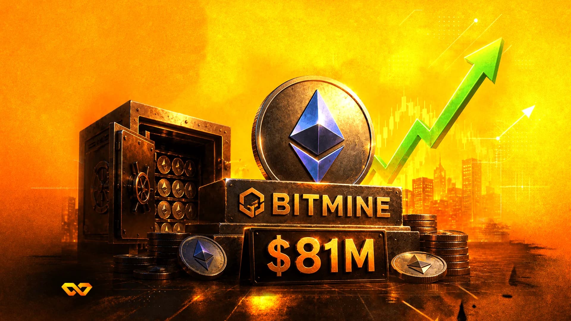 Ethereum coin, a safe, and a sign reading $81M with a green upward arrow against a golden cityscape.