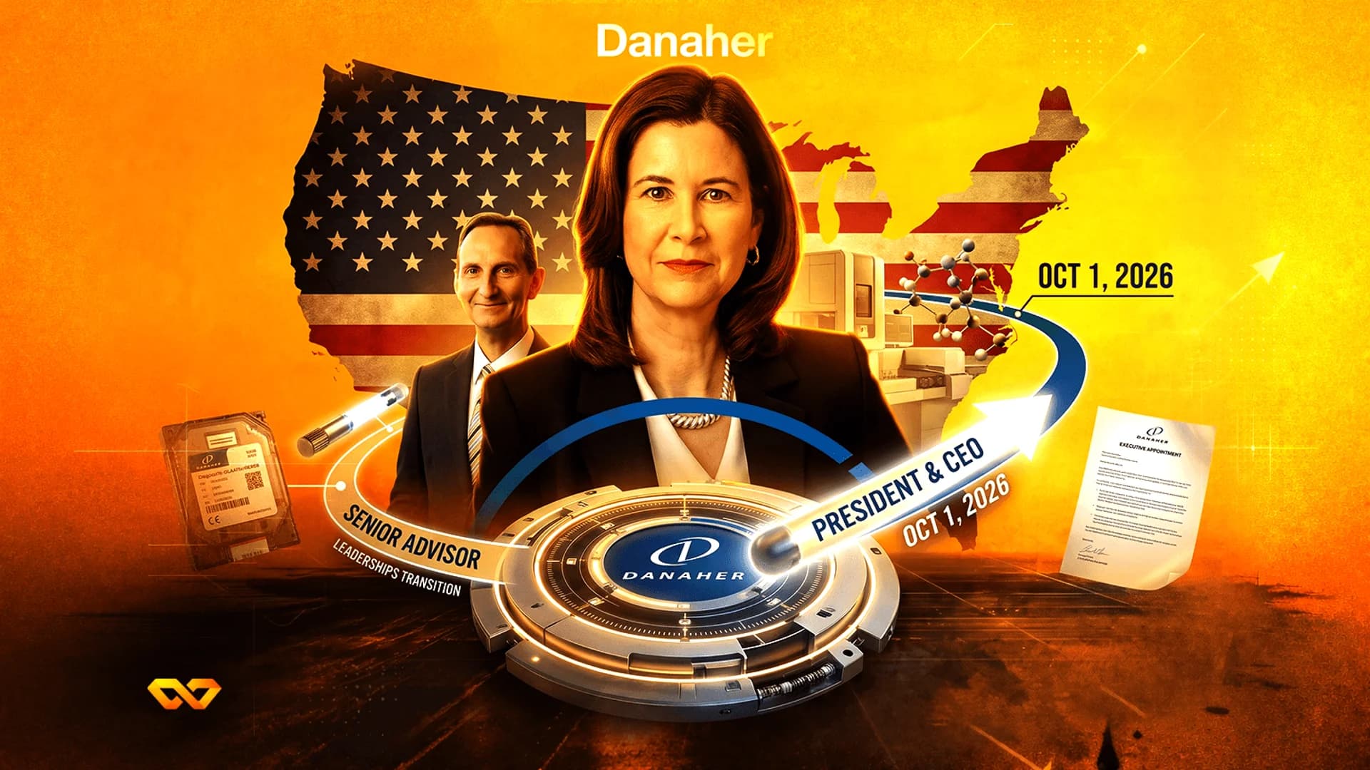 Digital illustration of Danaher executives against a US flag map, announcing a leadership transition for Oct 1, 2026.