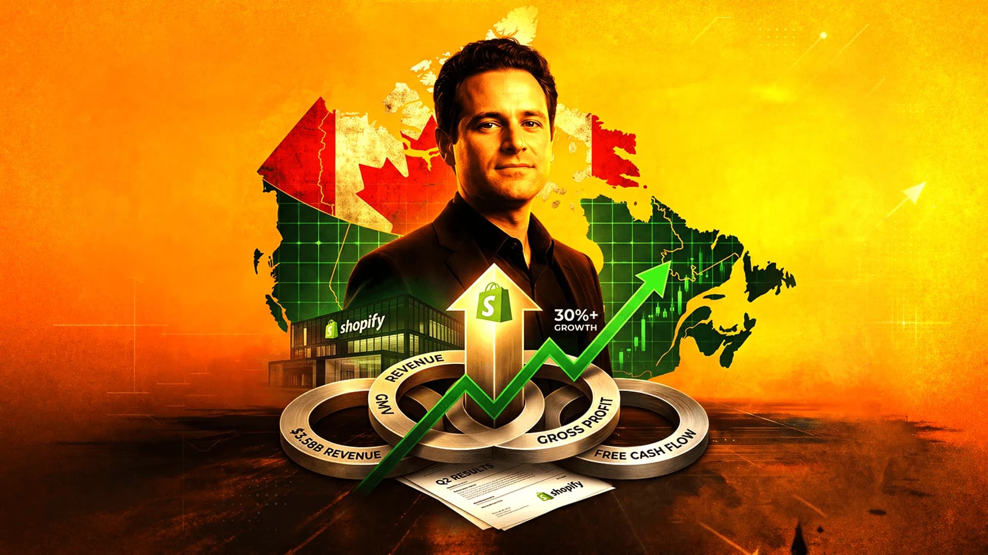 Portrait of a man over a map of Canada with Shopify logo, financial rings, and a green upward growth arrow.