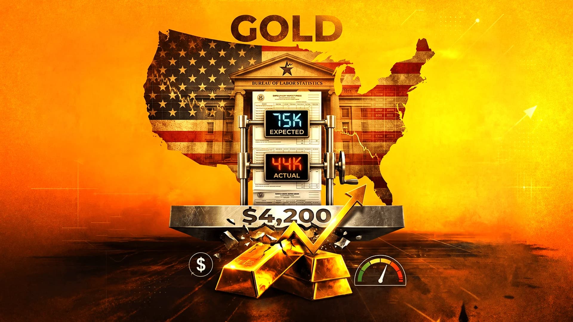 Graphic with US flag map, gold bars, rising arrow, and display showing 75K expected vs 44K actual jobs.