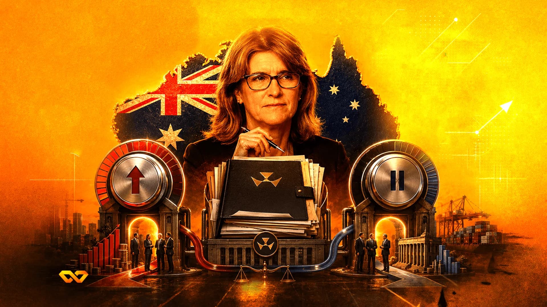 Michele Bullock centered between large buttons showing an up arrow and a pause symbol, with an Australian map behind.