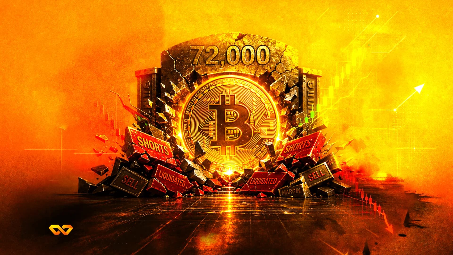 Bitcoin logo breaking through a stone wall with the number 72,000 and debris labeled shorts and liquidated.