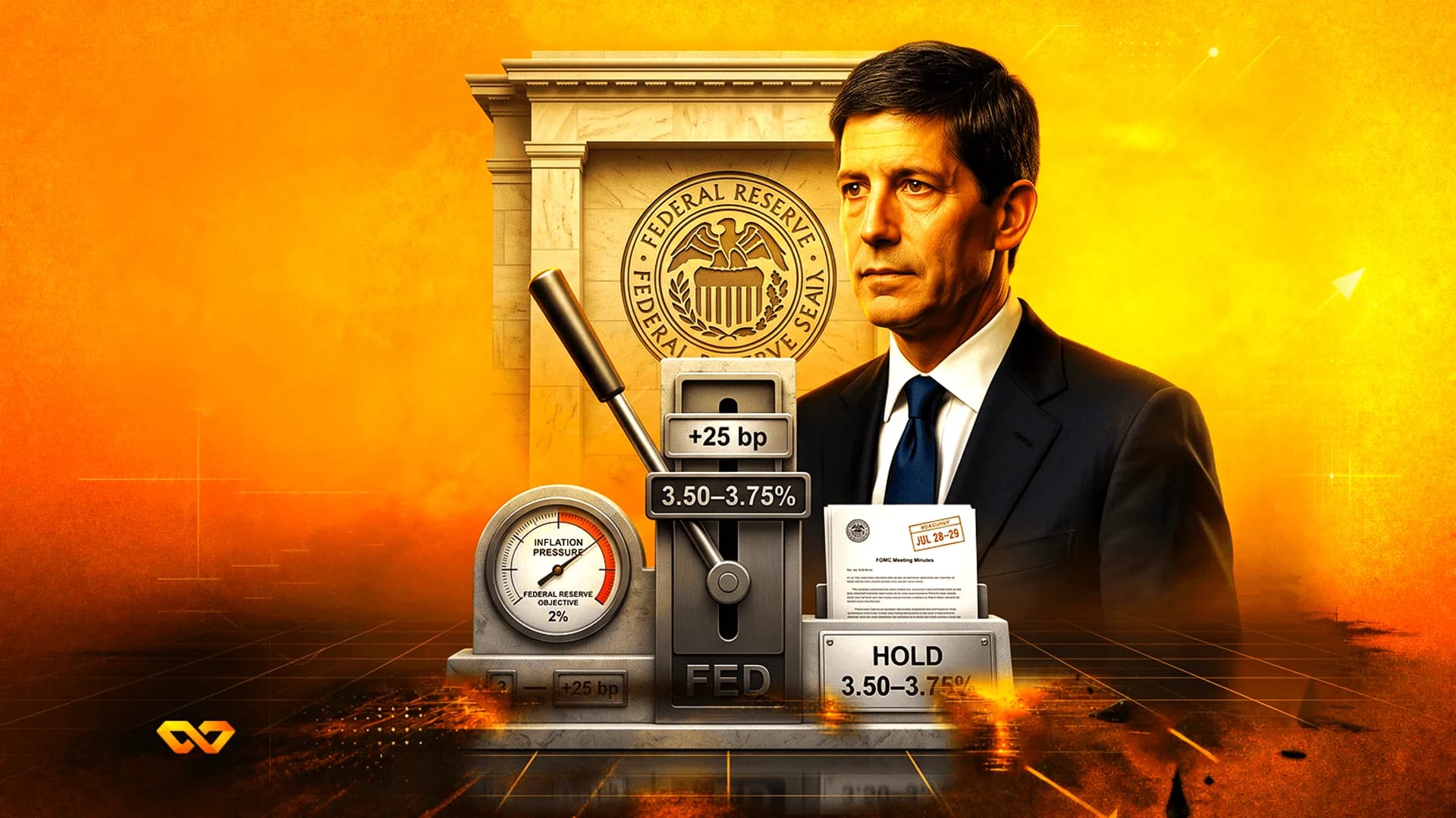 Man in a suit next to a Federal Reserve seal, an interest rate lever, and an inflation pressure gauge.