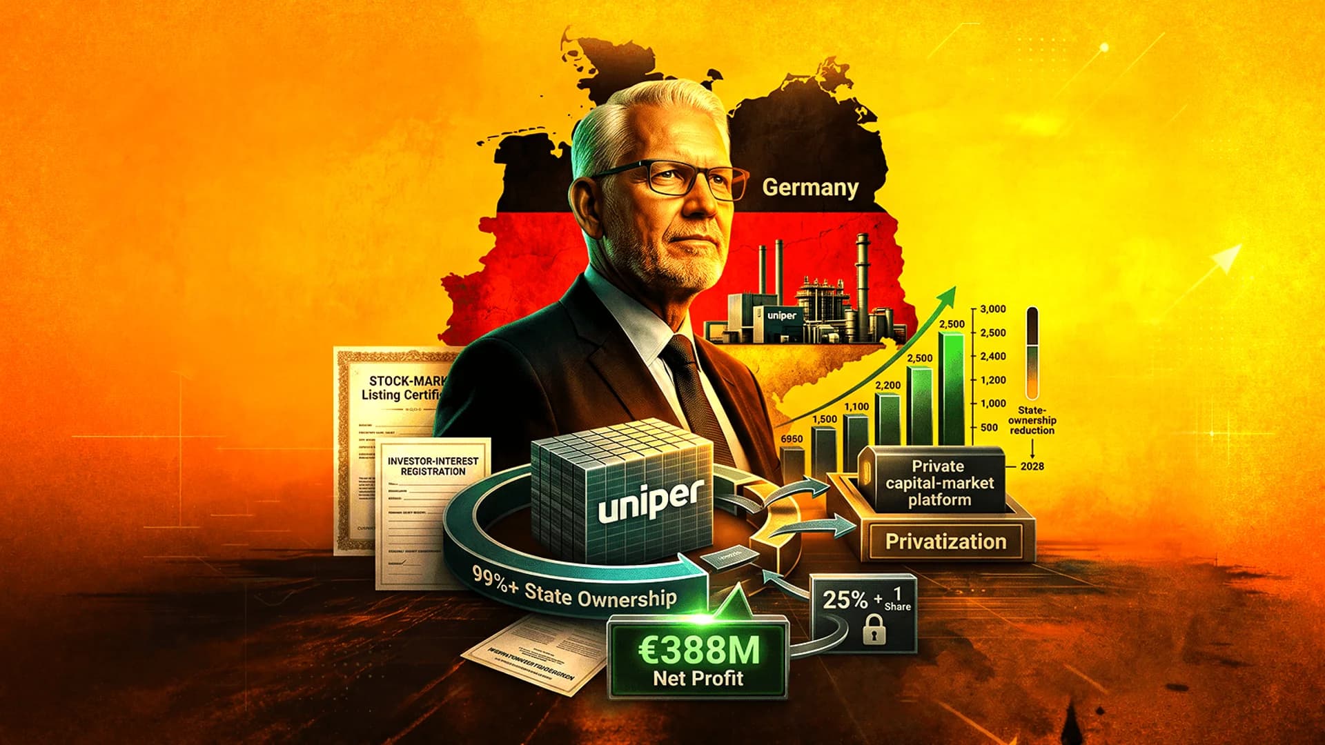 Digital collage of a man, the Uniper logo, a map of Germany, and financial charts on an orange background.