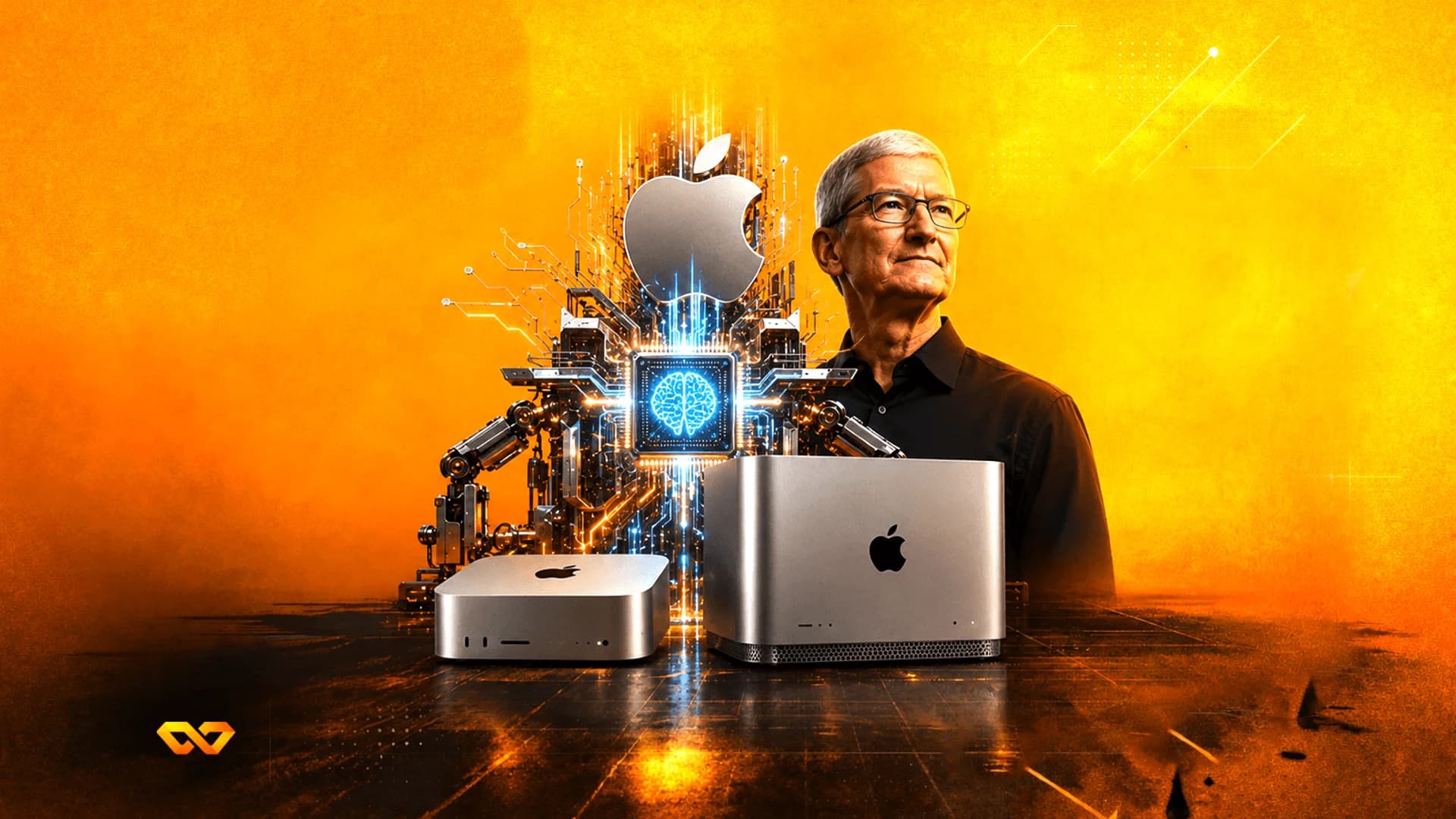 Tim Cook stands next to an Apple logo and Mac computers against a glowing orange background with circuit patterns.