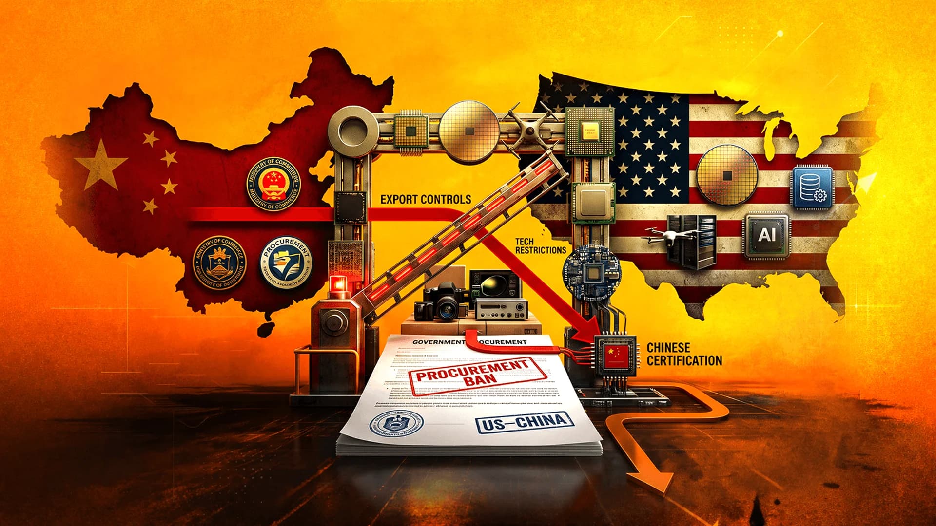 Illustration of US and China maps with a barrier, microchips, and a document stamped with Procurement Ban.