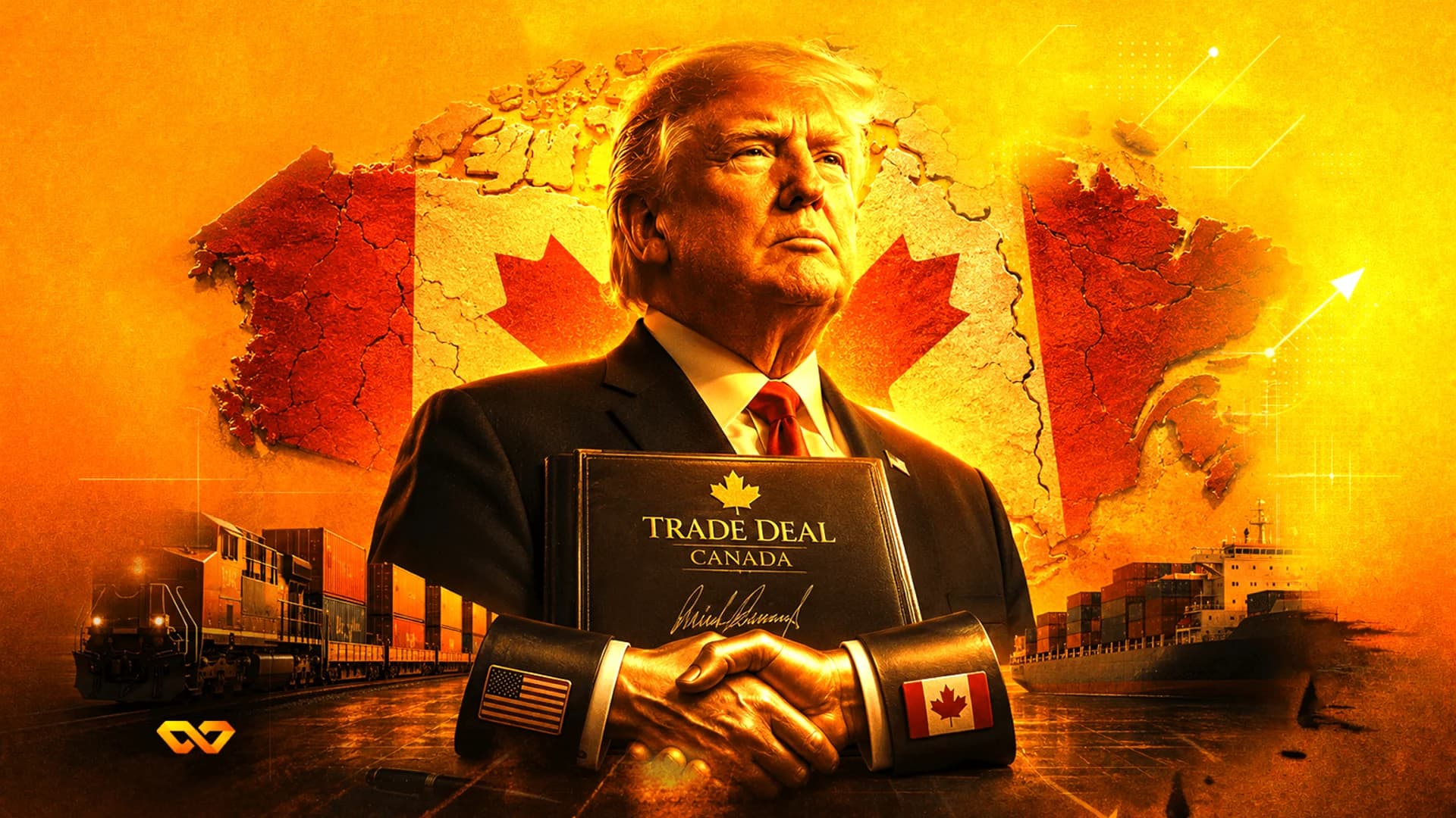 Illustration of Donald Trump behind a 'Trade Deal Canada' folder and a handshake with US and Canadian flags.