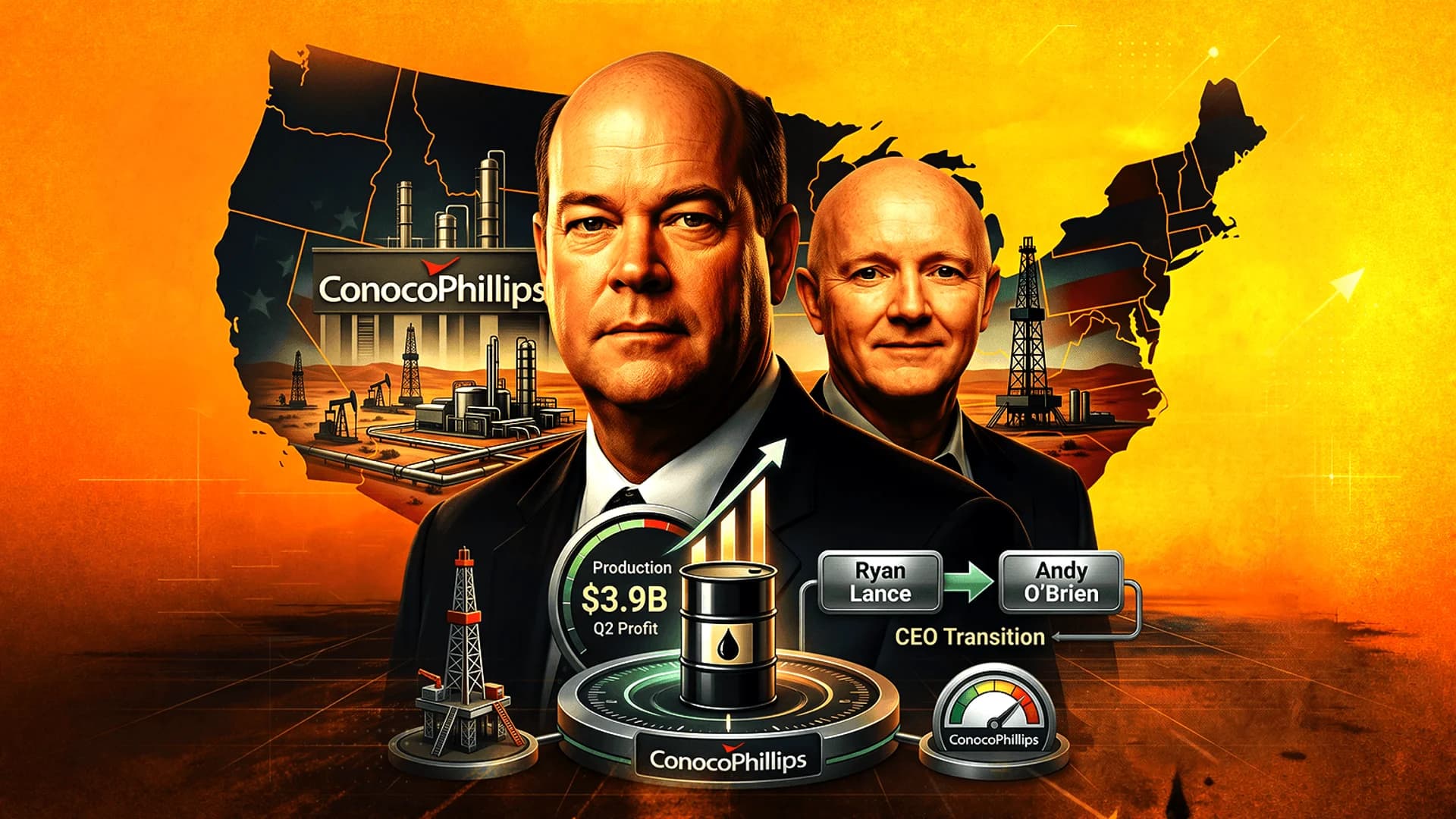 Illustration of two men, ConocoPhillips logo, oil rigs, and financial data over a US map background.