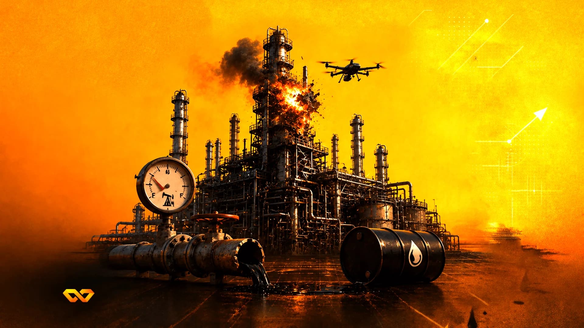 Digital illustration of an oil refinery explosion with a drone, leaking pipe, and oil barrel on an orange background.