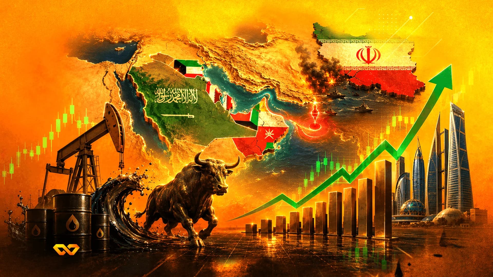 رسم رقمي لخريطة الشرق الأوسط مع أعلام، ومضخة نفط، وثور هائج، ورسم بياني مالي أخضر صاعد.