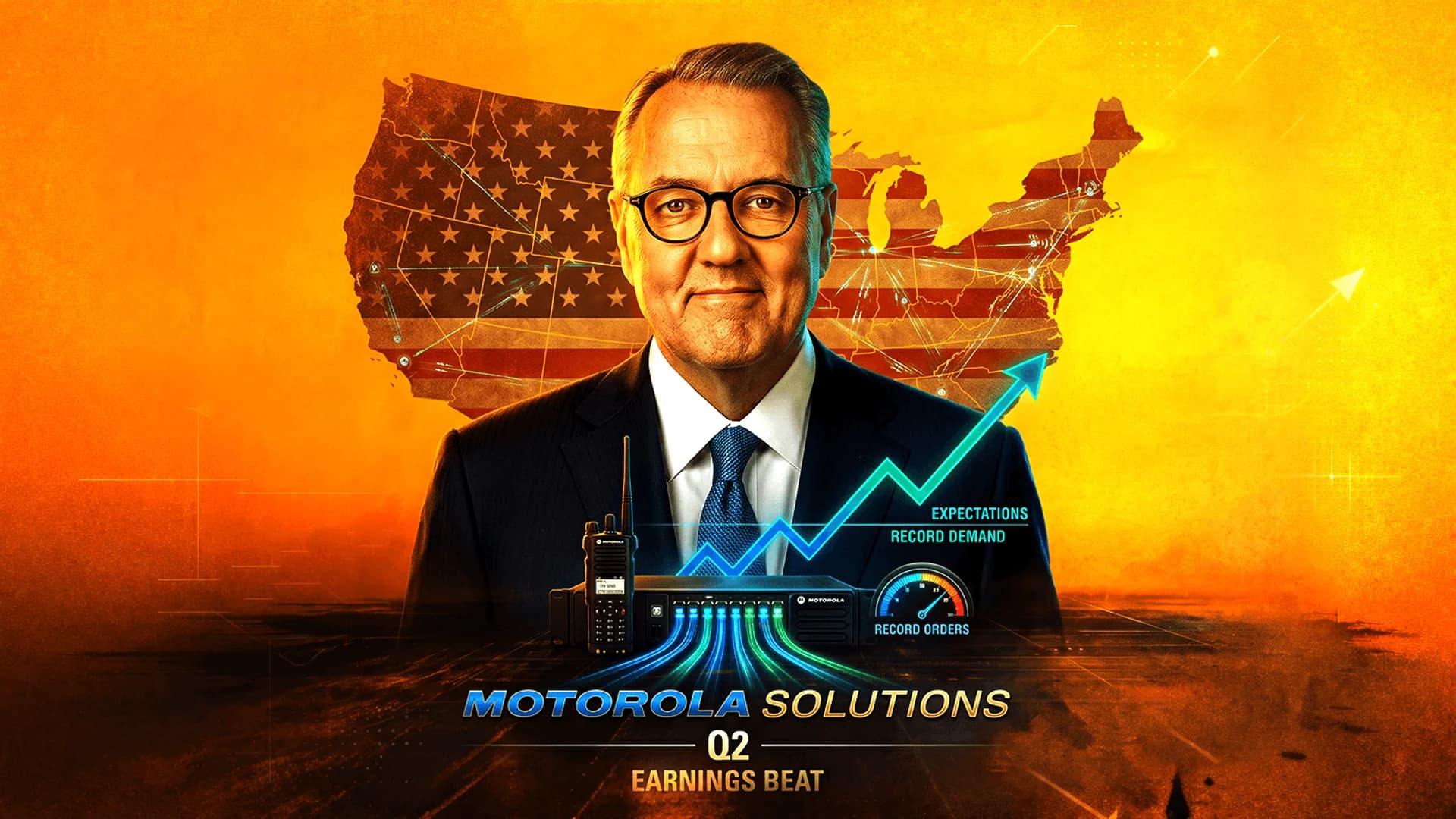 Portrait of a man in a suit over a US flag map, with a Motorola radio, network switch, and rising growth chart.