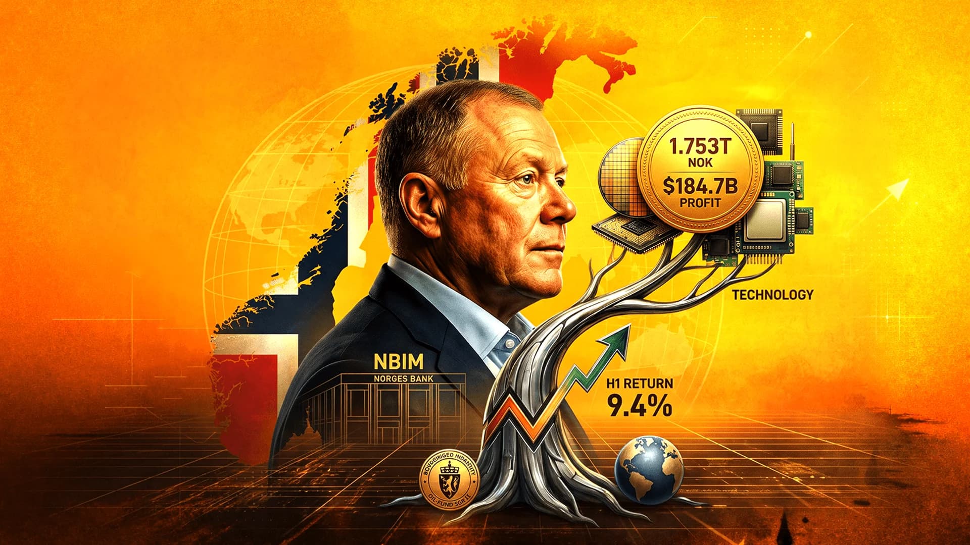 Portrait of a man next to a metallic tree bearing circuit boards and a gold coin, over a map of Norway.