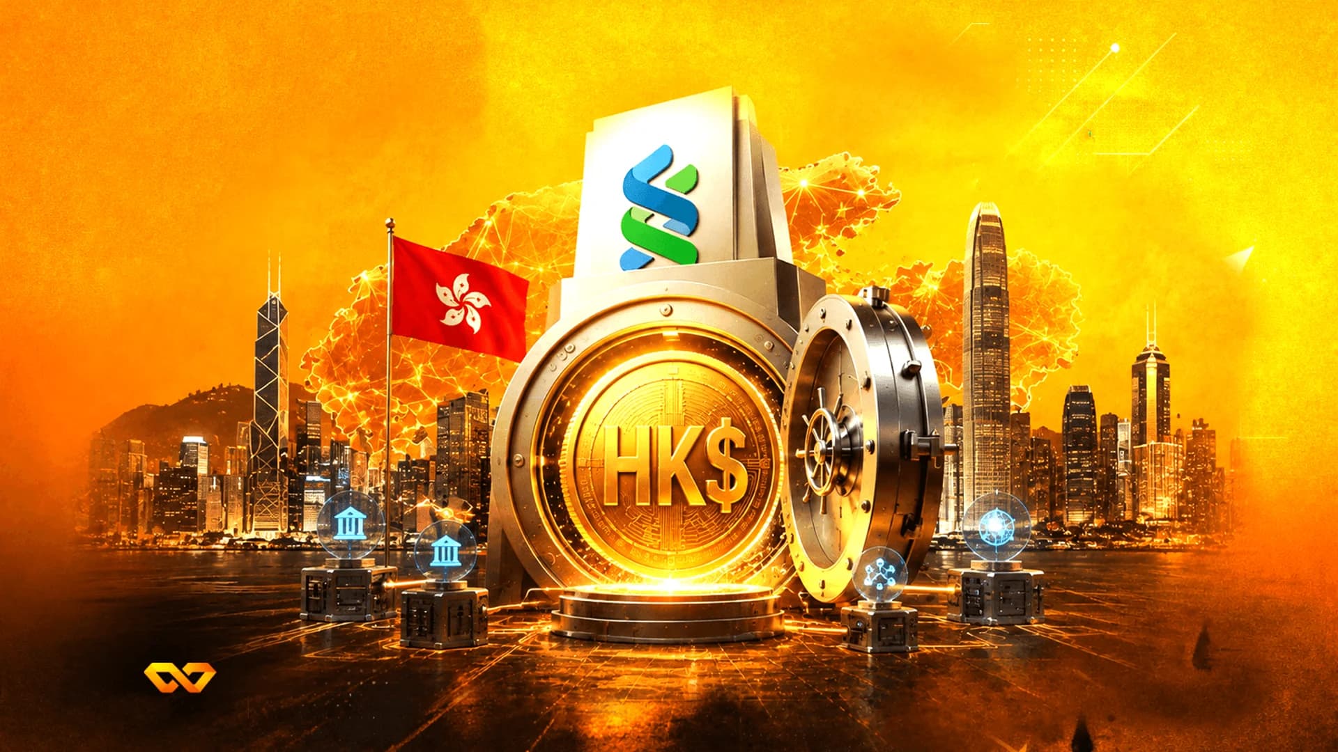 Digital art of a vault opening to a gold HK$ coin, with the Standard Chartered logo and Hong Kong flag.