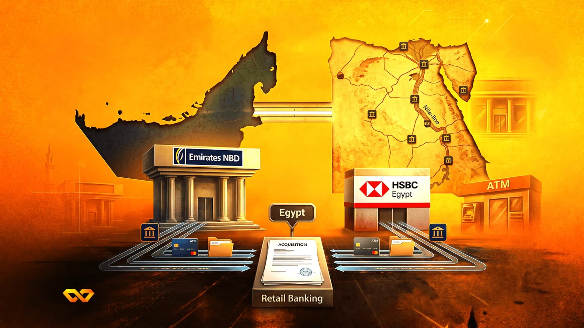 رسم توضيحي لشعاري بنك الإمارات دبي الوطني وإتش إس بي سي مصر مع خرائط للإمارات ومصر ووثيقة استحواذ.