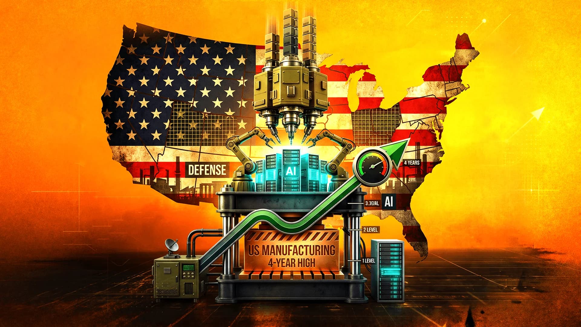 Illustration of a USA flag map behind industrial machinery, AI servers, and a rising green arrow on an orange background.