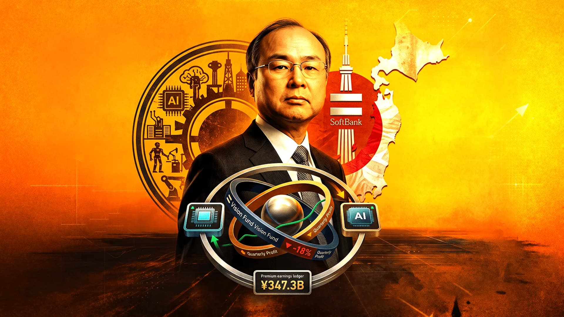 Portrait of Masayoshi Son with SoftBank logo, AI icons, and financial data on an orange background.