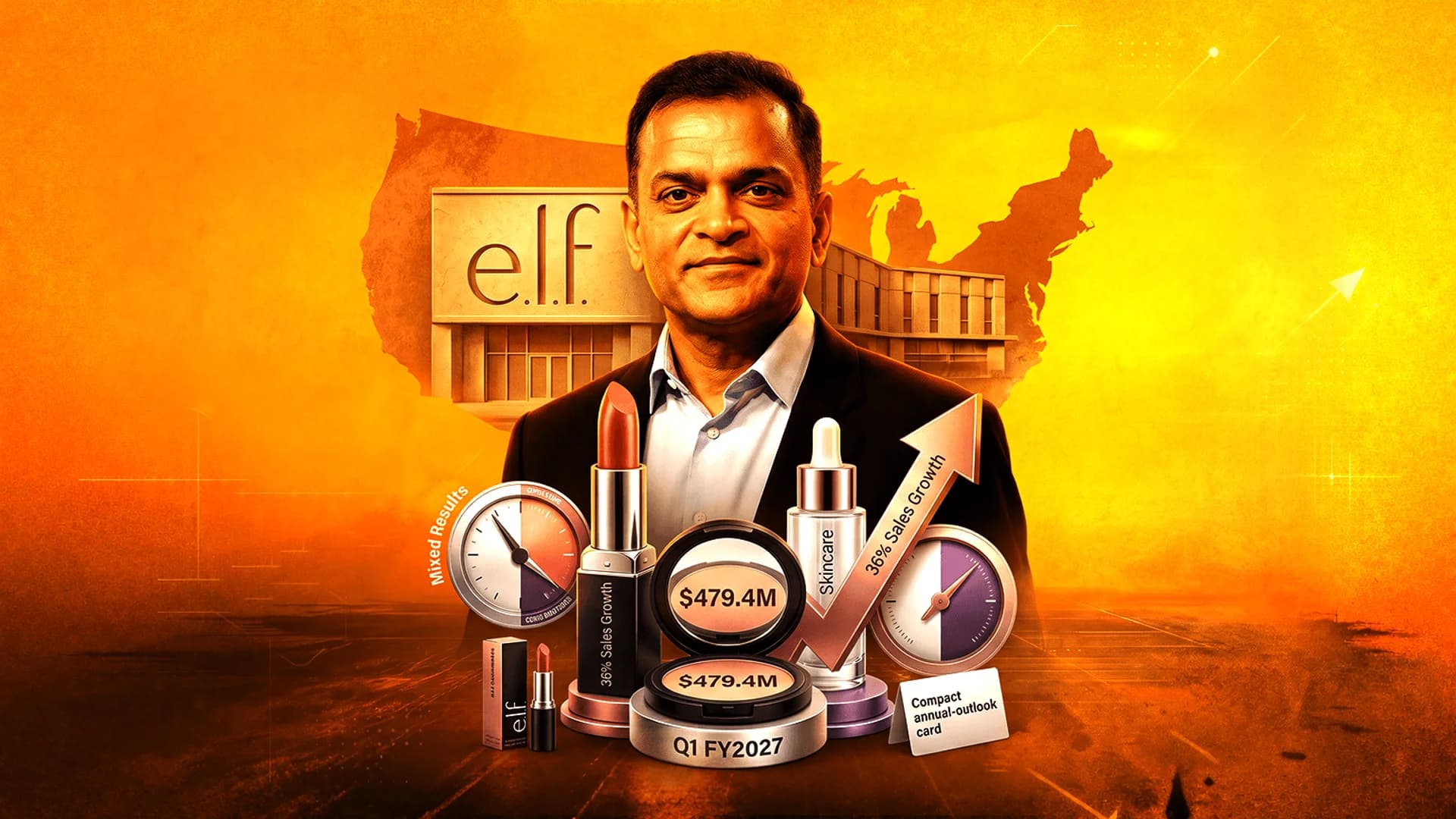 Portrait of a man over an orange background with e.l.f. logo, makeup products, and financial growth charts.