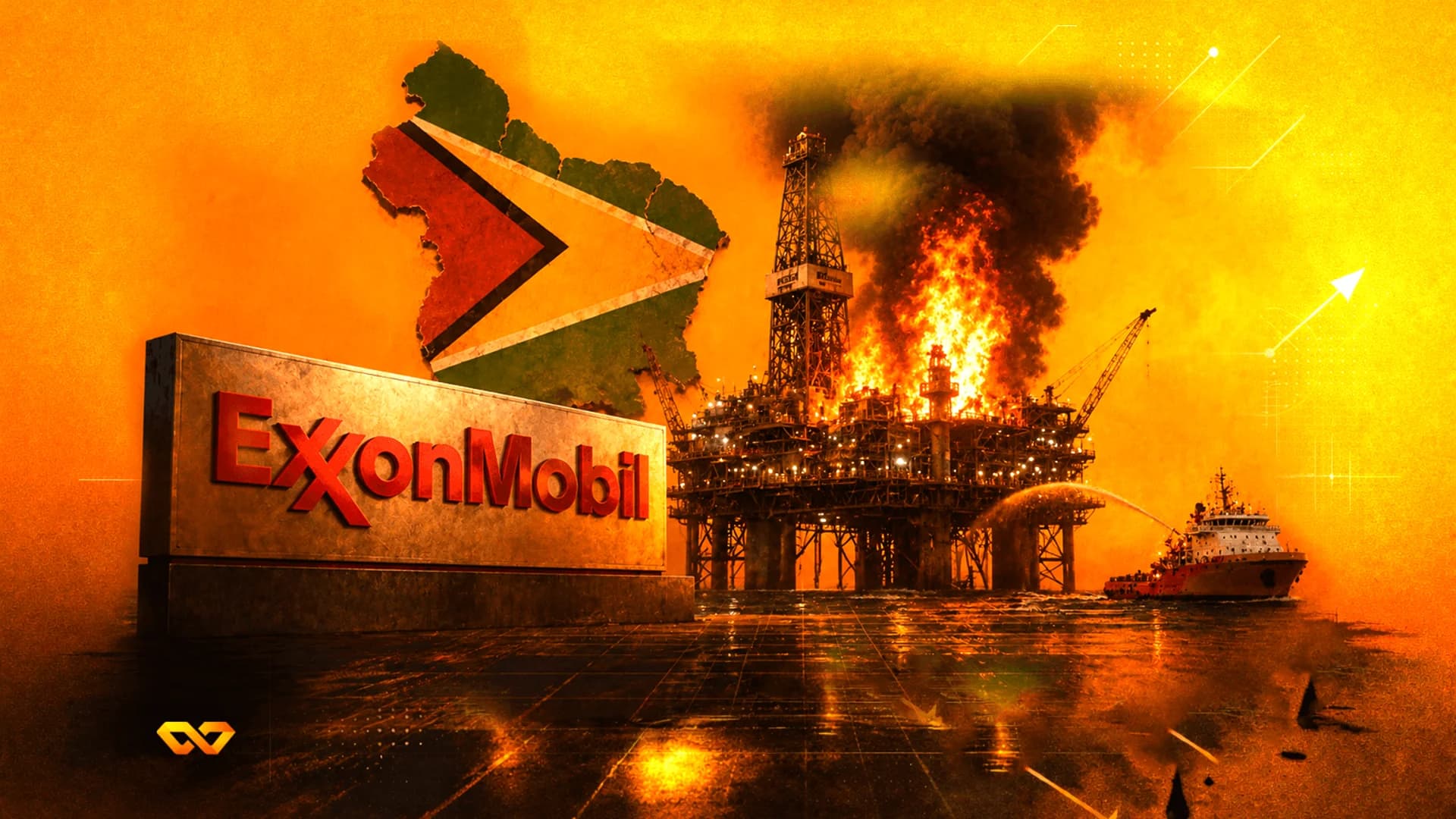 ExxonMobil logo next to a burning offshore oil rig and a map of Guyana with its national flag.