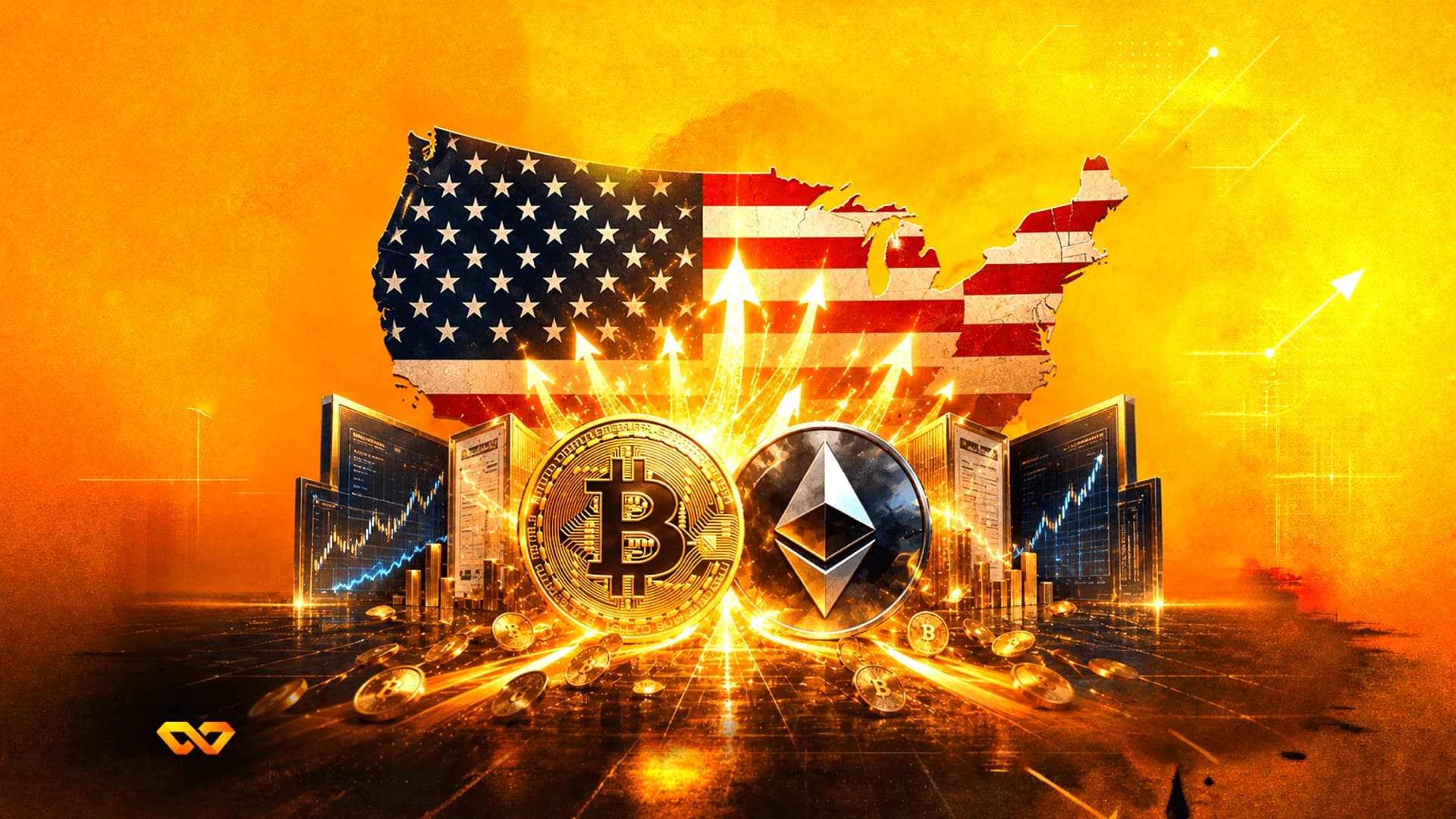 Bitcoin and Ethereum coins in front of a USA map with flag pattern, glowing arrows, and financial charts.