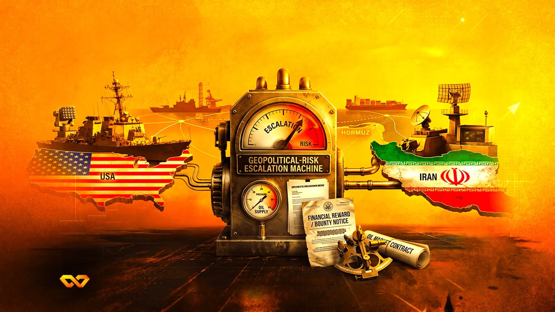 Illustration of a machine labeled Geopolitical-Risk Escalation Machine between maps of the USA and Iran with flags.