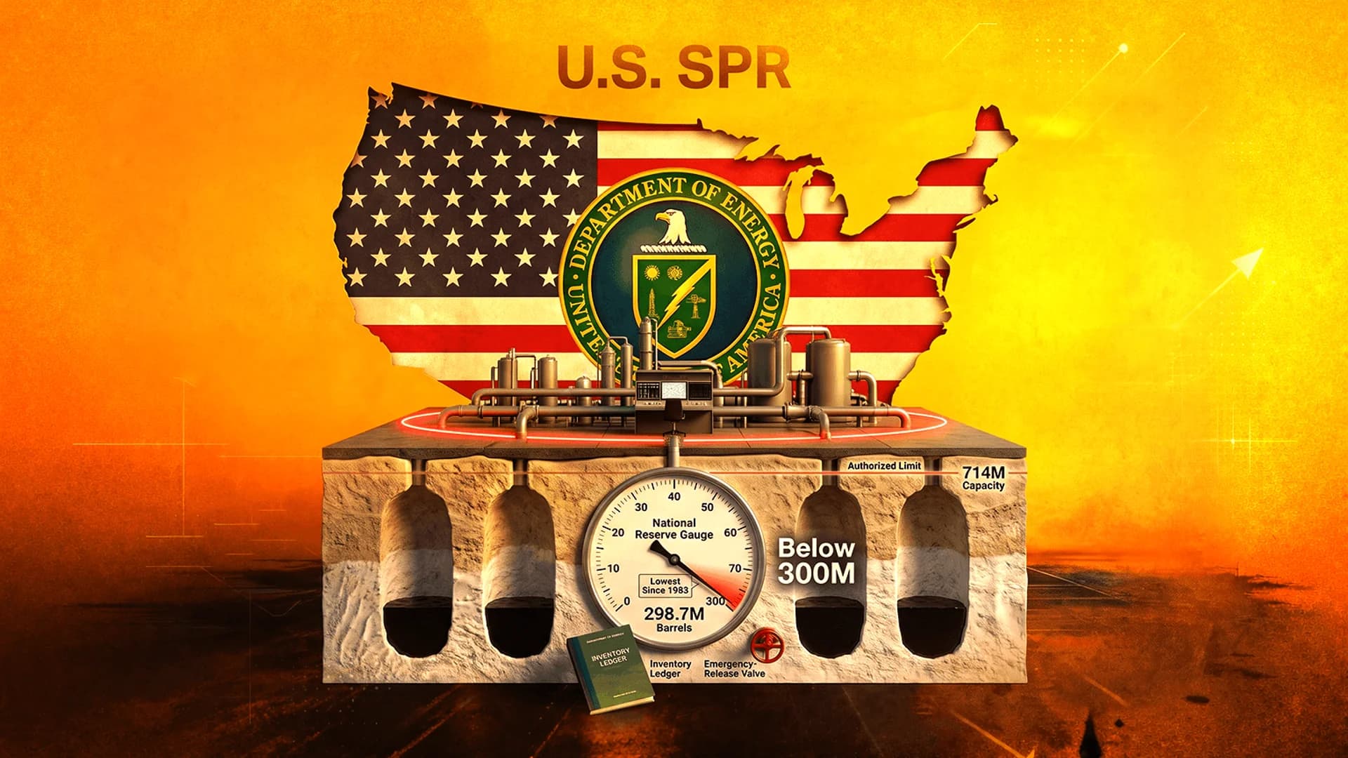 Illustration of U.S. Strategic Petroleum Reserve showing underground caverns, a gauge at 298.7M barrels, and DOE seal.