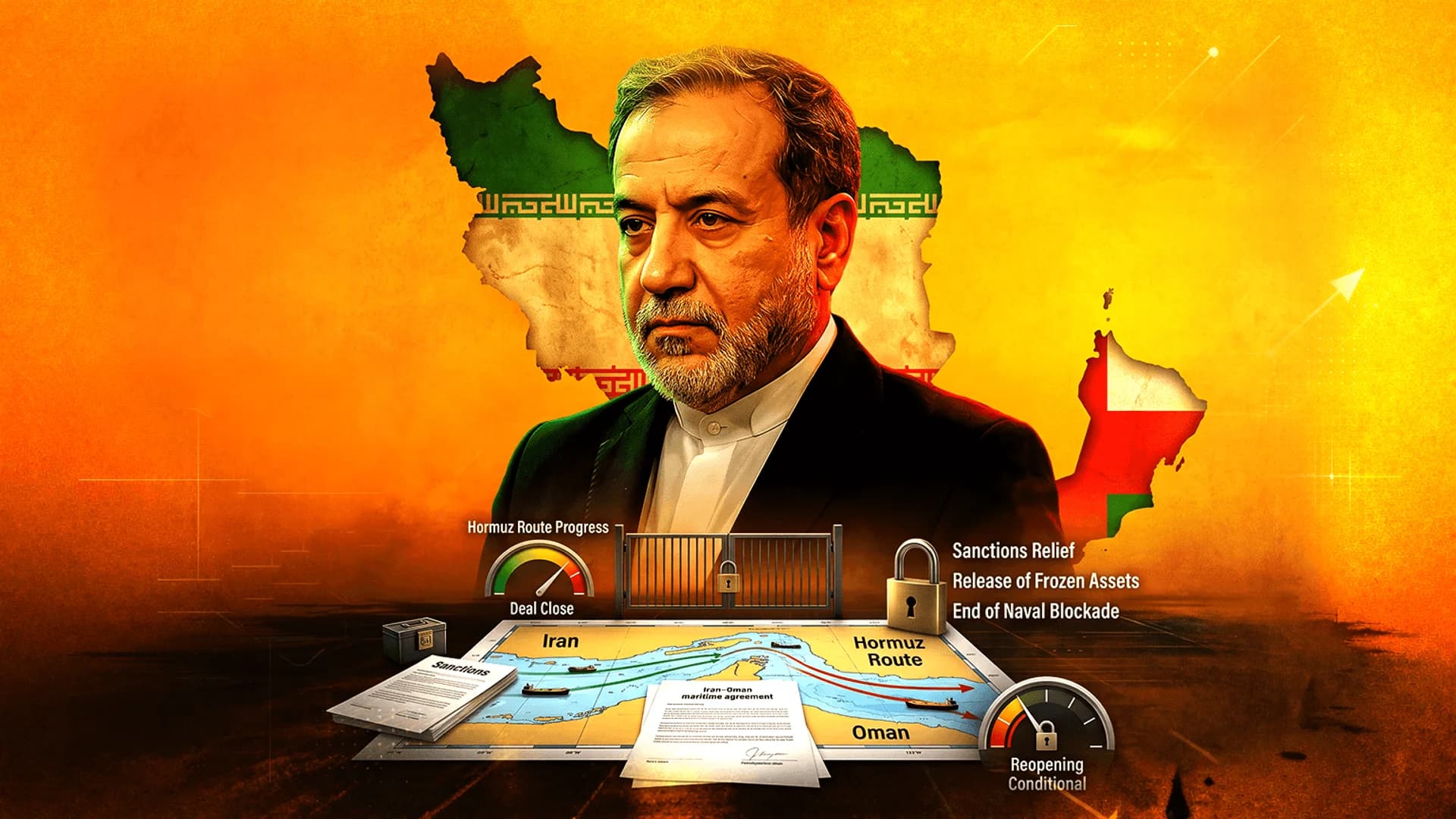 Portrait of an Iranian official over a map of Iran and Oman, with a maritime agreement and shipping route gauges.
