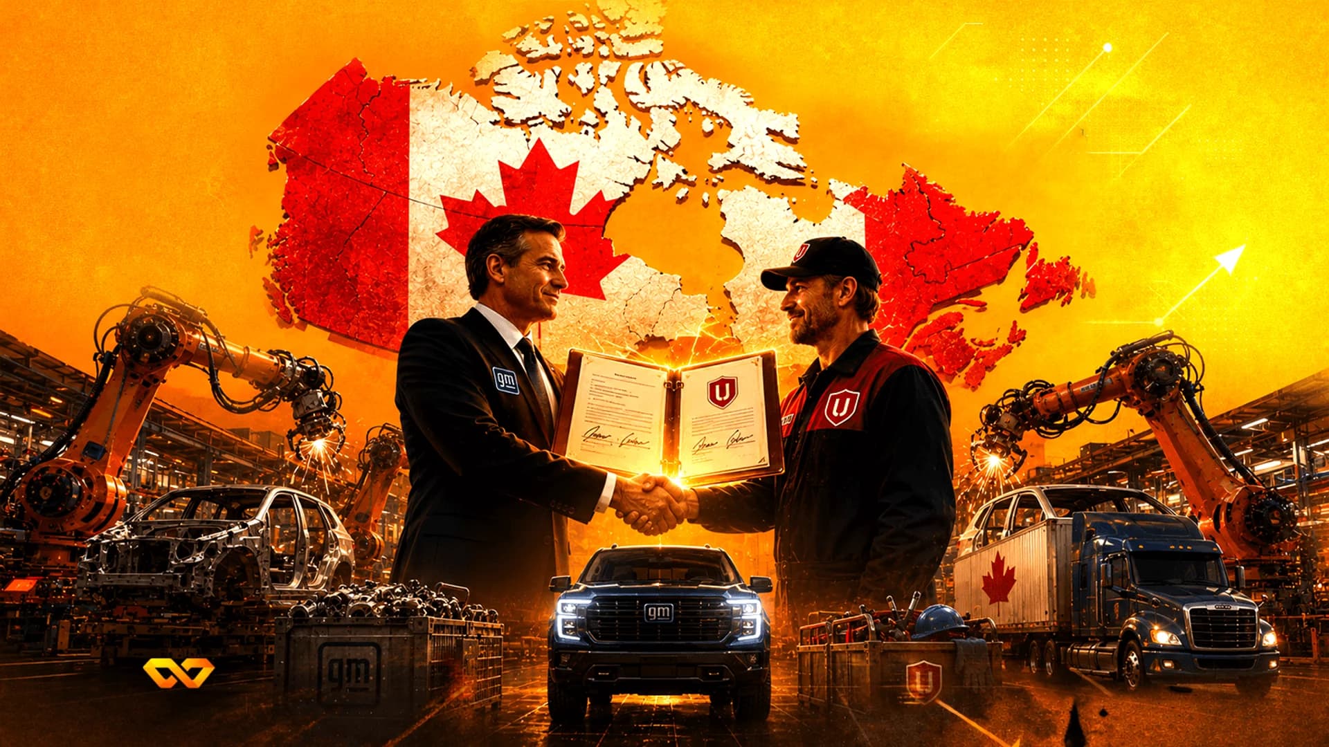 A businessman and a worker shake hands in front of a Canadian flag map and an automotive assembly line.