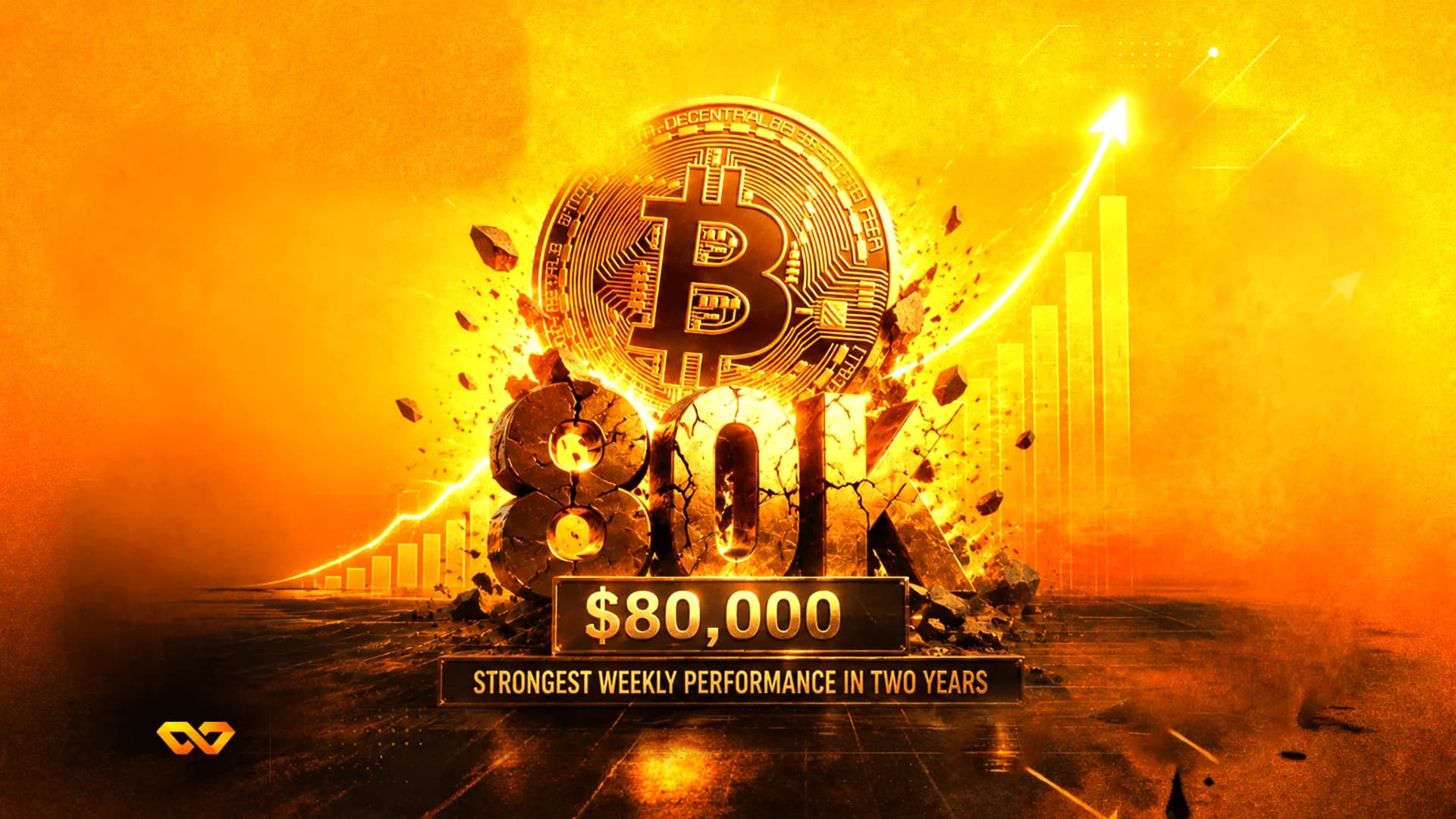 Bitcoin coin above a stone-textured 80K sign with a rising arrow and bar chart on a golden background.