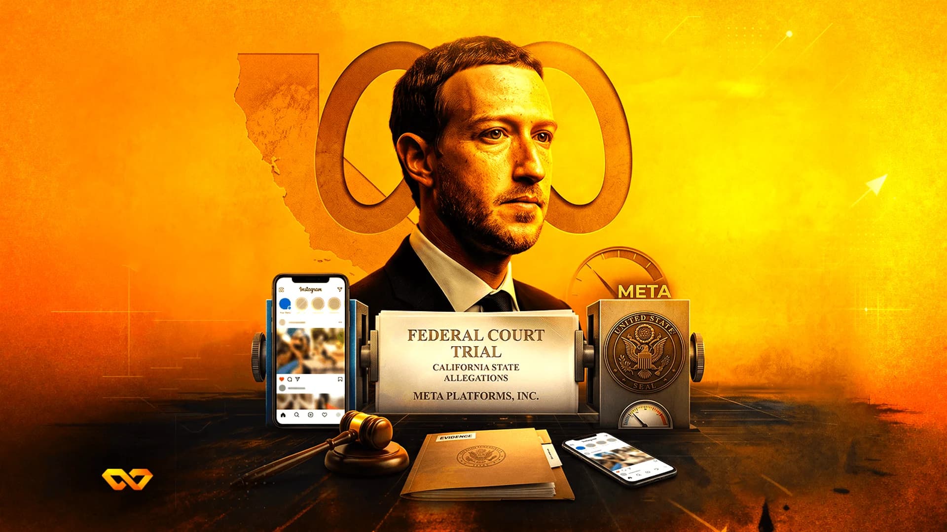 Illustration of Mark Zuckerberg with a Meta logo, a gavel, and a sign reading Federal Court Trial.