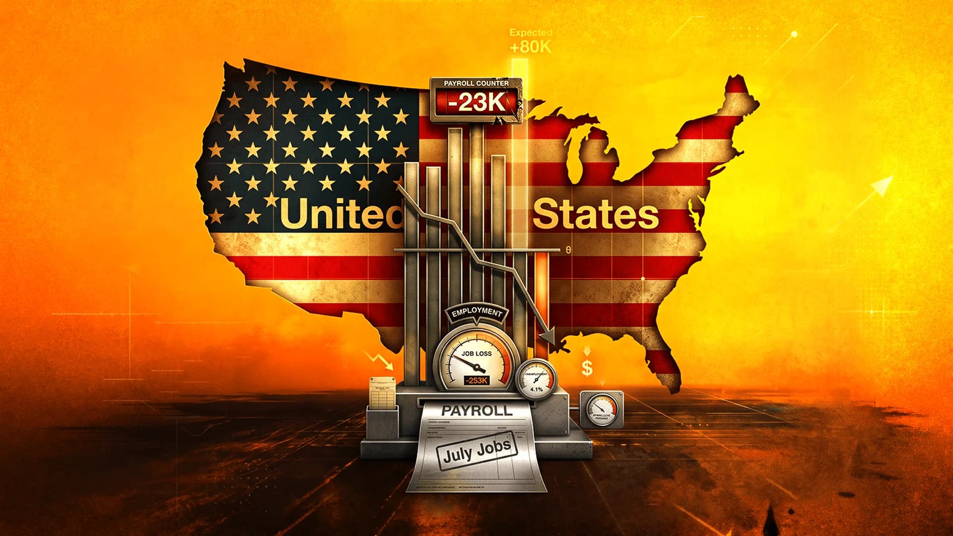 US map with flag pattern behind a mechanical payroll counter showing job losses and a downward trending graph.