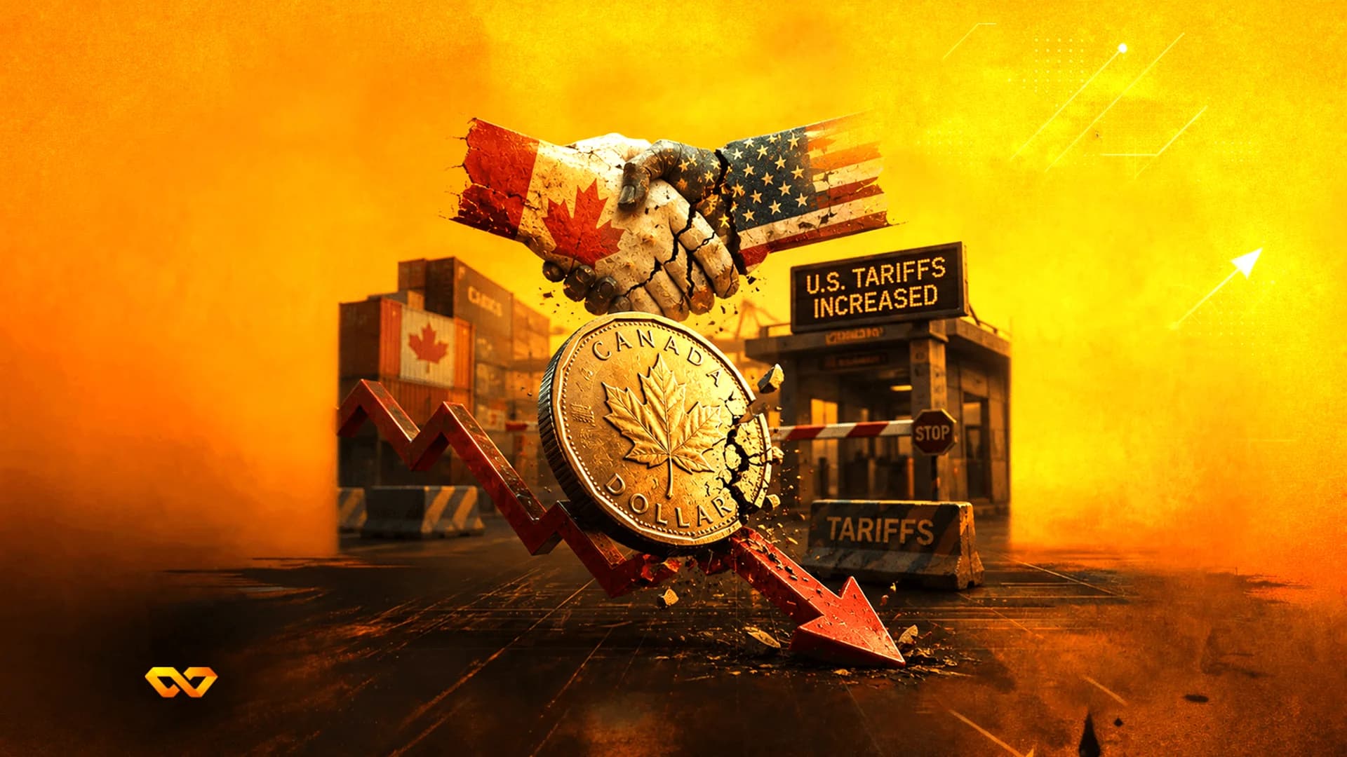 Handshake between Canada and US flag-patterned arms above a cracked Canadian dollar coin and a red downward arrow.