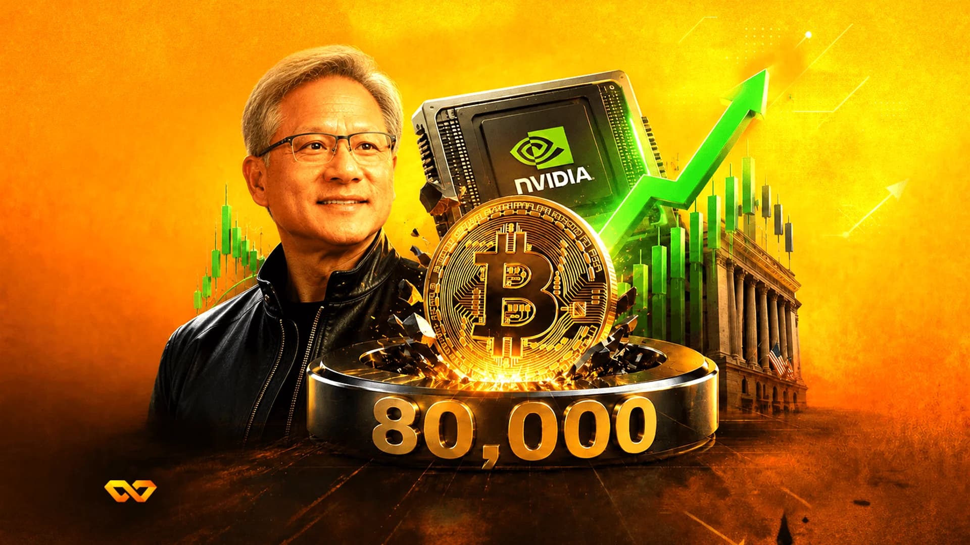 Jensen Huang next to an NVIDIA chip, a Bitcoin coin, and the number 80,000 with a green upward arrow.