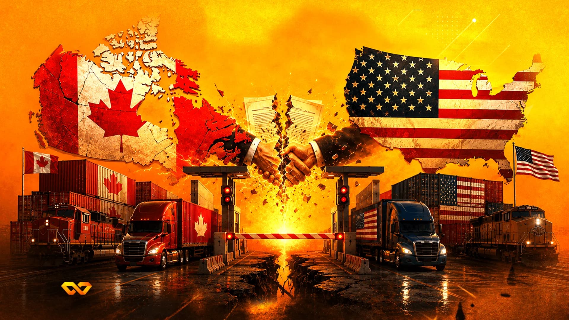Digital art of Canada and US maps with flags, a broken handshake over a cracked border with cargo trucks and trains.