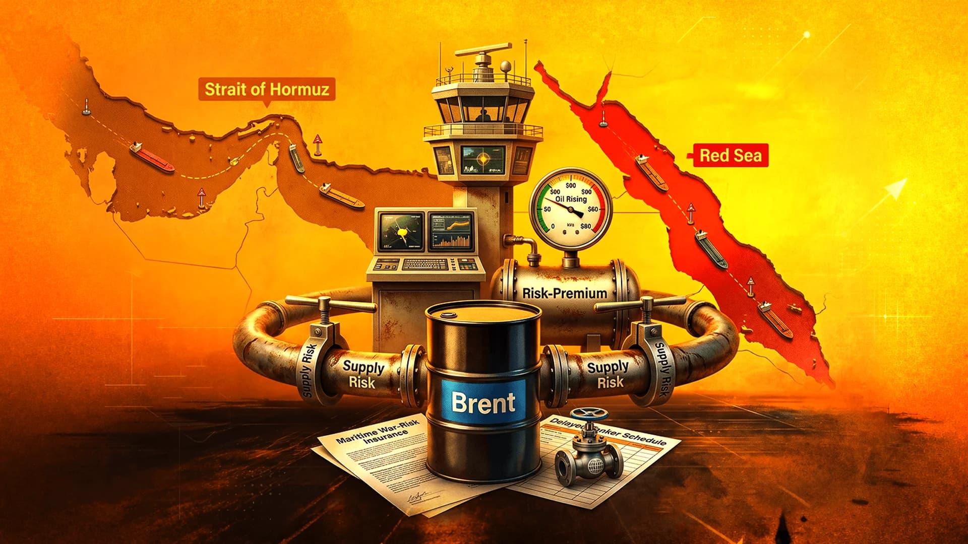 Illustration of a Brent oil barrel surrounded by pipes labeled supply risk, with maps of the Red Sea and Strait of Hormuz.