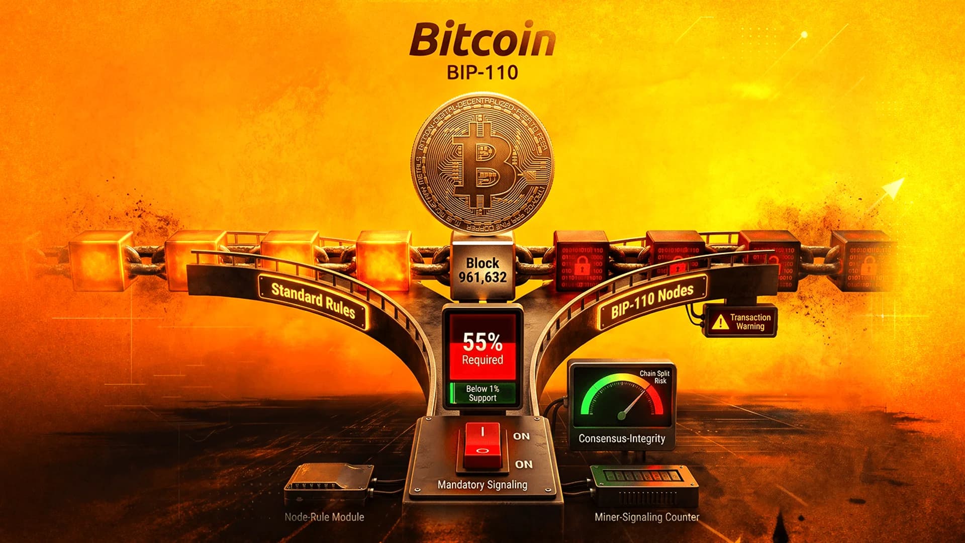 Bitcoin coin above a control panel with 'Standard Rules' and 'BIP-110 Nodes' paths on an orange background.