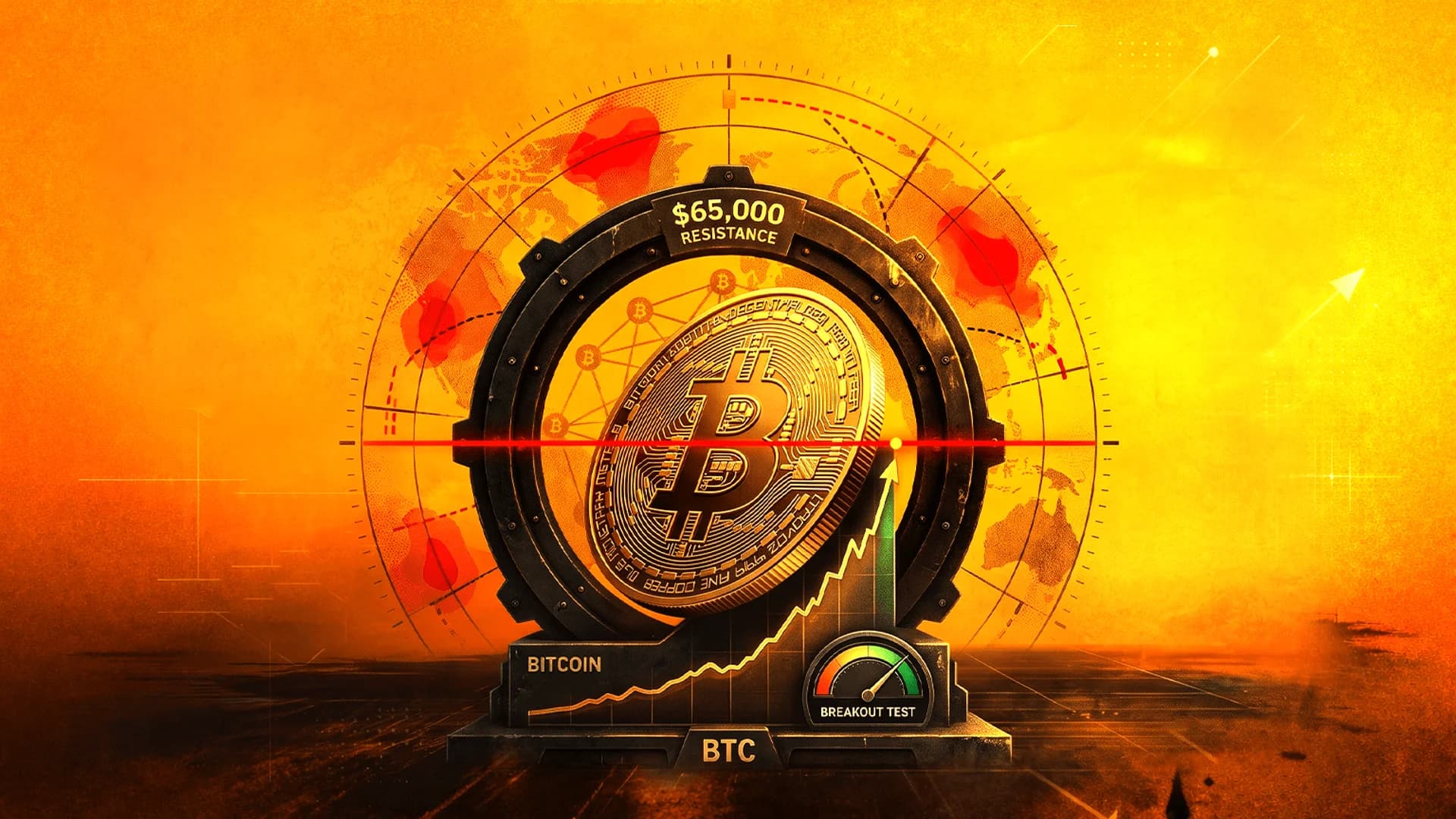 عملة بيتكوين داخل إطار ميكانيكي مع ملصق مقاومة 65,000 دولار ومقياس اختراق على خلفية برتقالية.