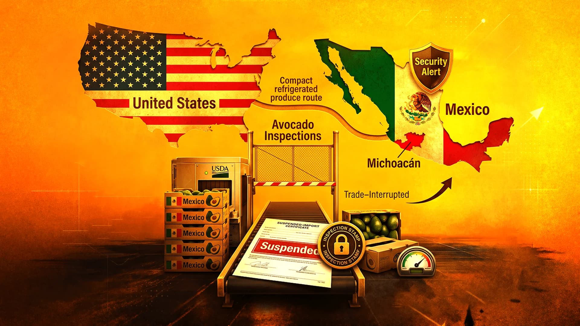 Illustration of US and Mexico maps, a conveyor belt of avocados, and a document stamped 'Suspended'.