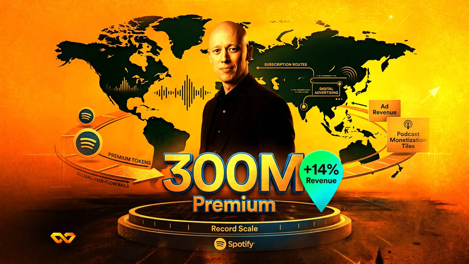 صورة لرجل أمام خريطة العالم مع نص '300M Premium' وشعار سبوتيفاي على خلفية صفراء.