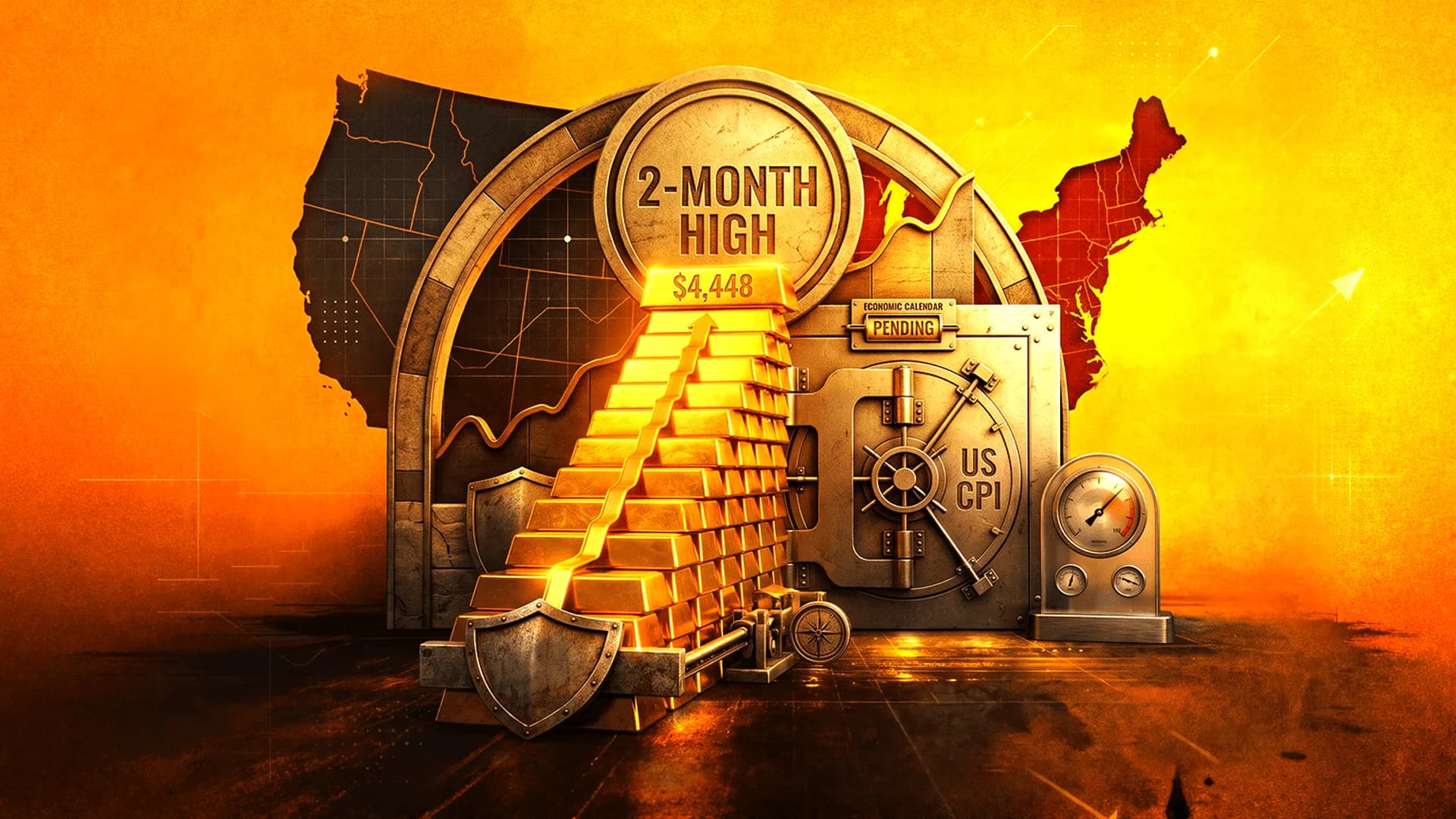 Staircase of gold bars by a vault door labeled US CPI and a coin reading 2-month high on an orange background.