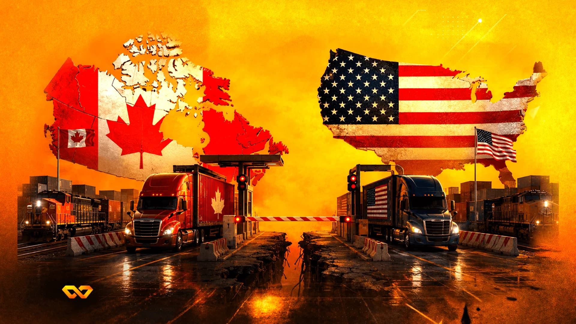 Trucks and trains at a US-Canada border crossing with national flags and maps against an orange sky.