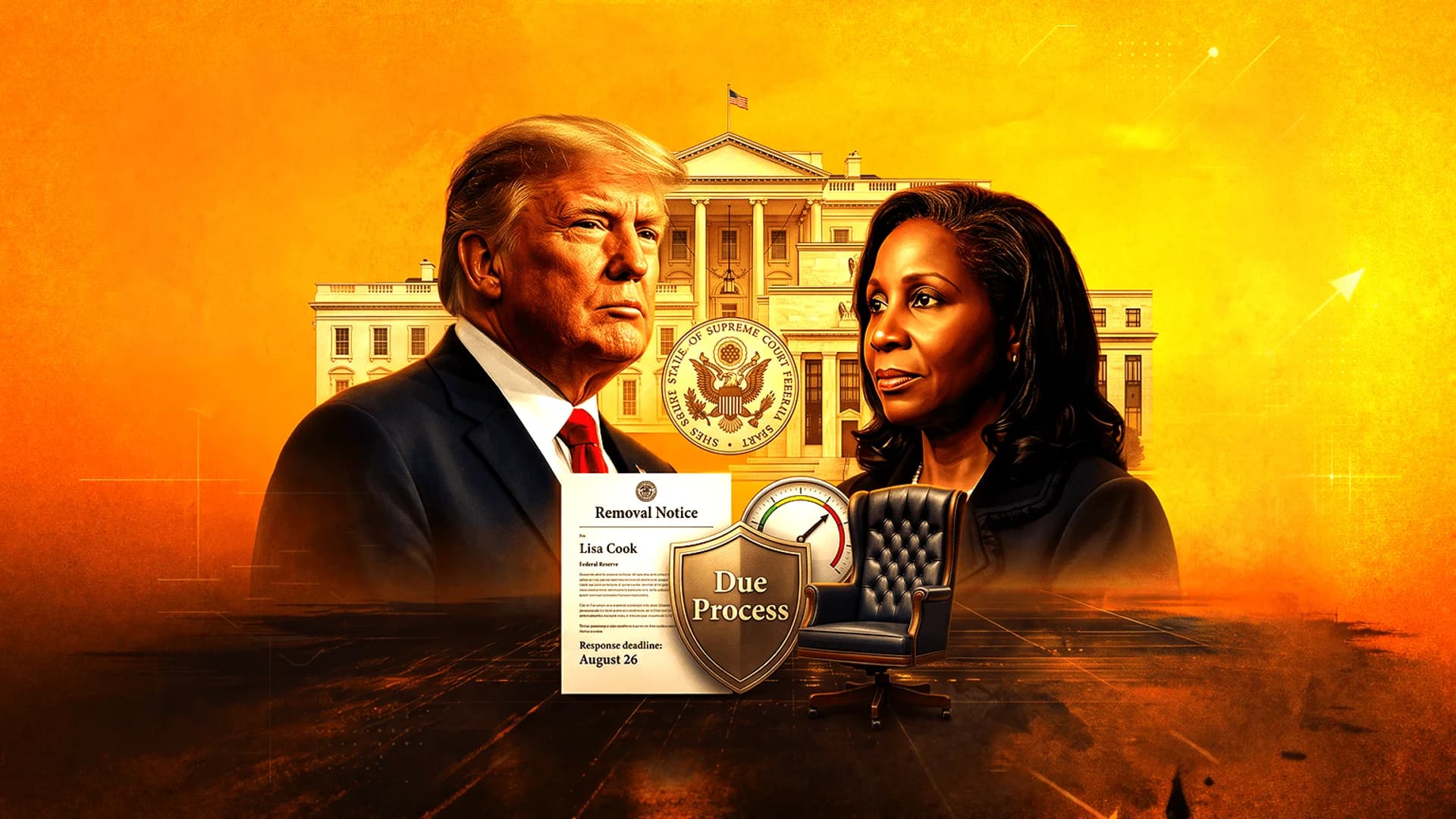 Portraits of Donald Trump and Lisa Cook with a removal notice, due process shield, and the White House background.