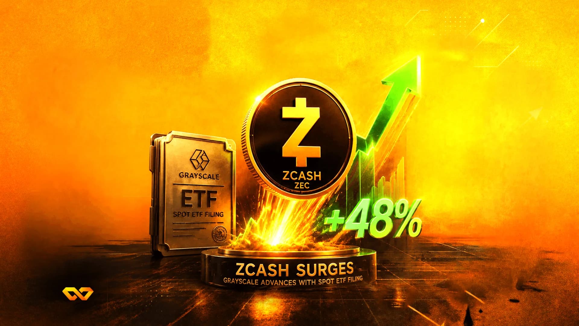 Gold Zcash coin with a green upward arrow and +48% text on a glowing orange background.