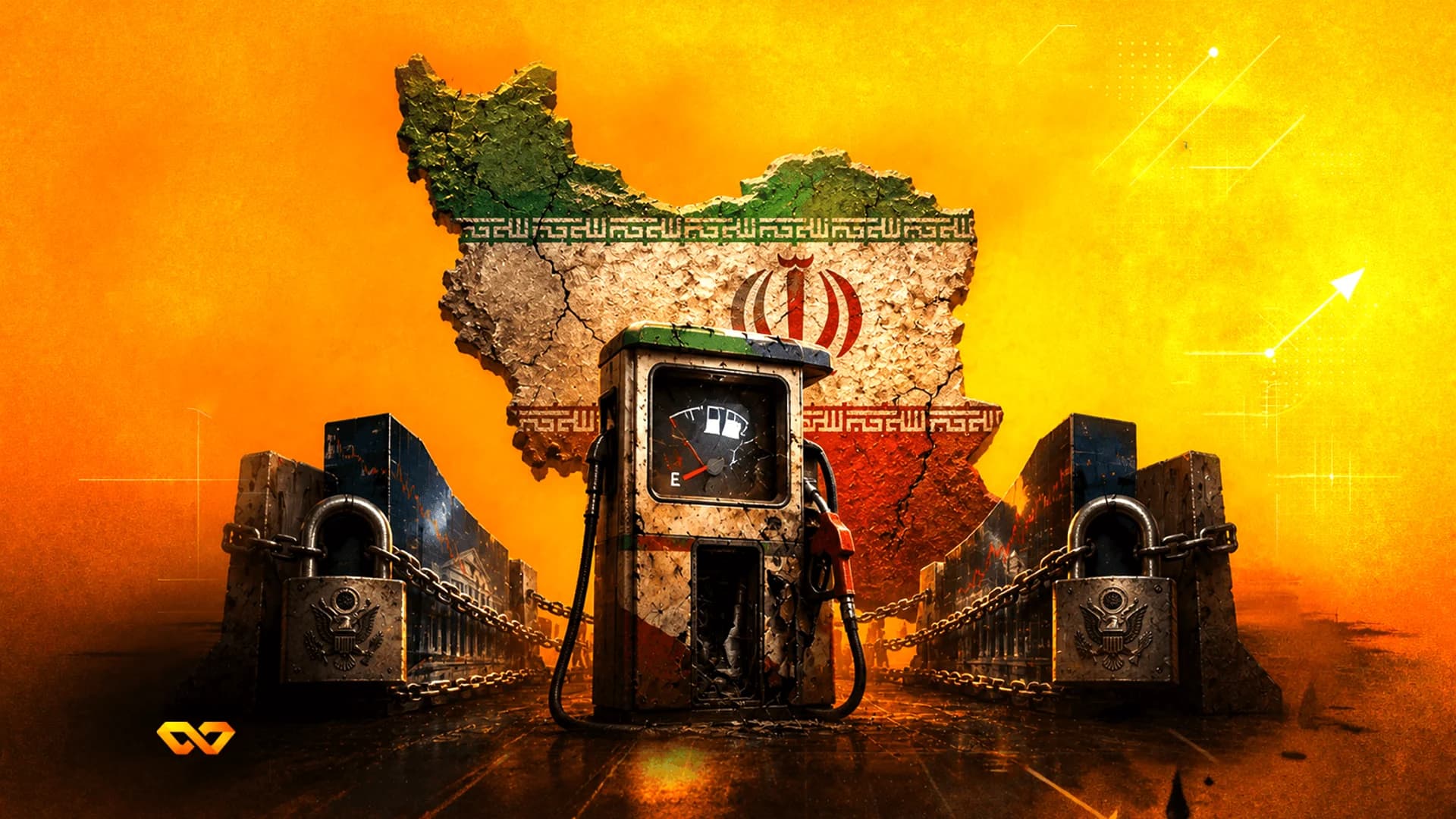 A cracked map of Iran behind a rusty, empty gas pump flanked by padlocked concrete barriers with US seals.