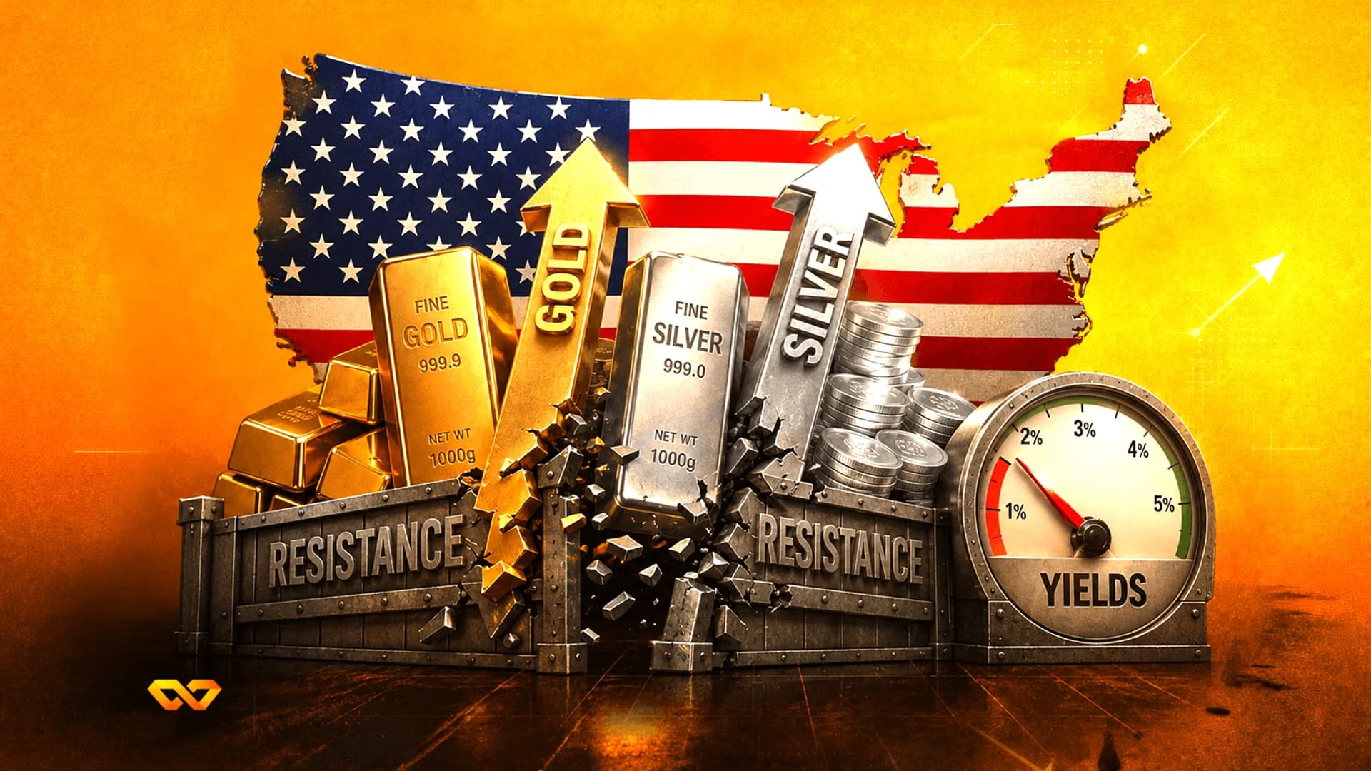 Gold and silver bars with arrows breaking a resistance barrier against a US flag map and a yield gauge.