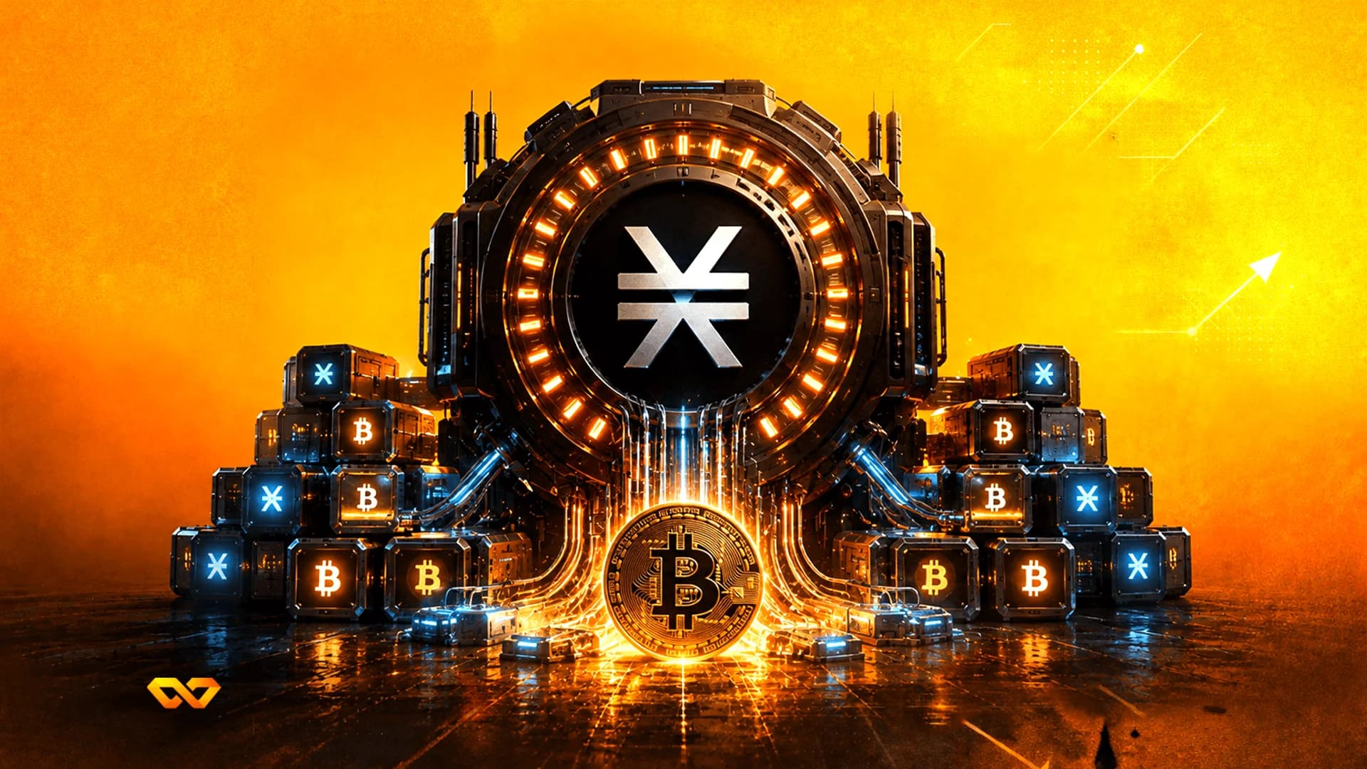 Futuristic machine with a Stacks logo above a glowing Bitcoin coin, surrounded by cubes with crypto symbols.