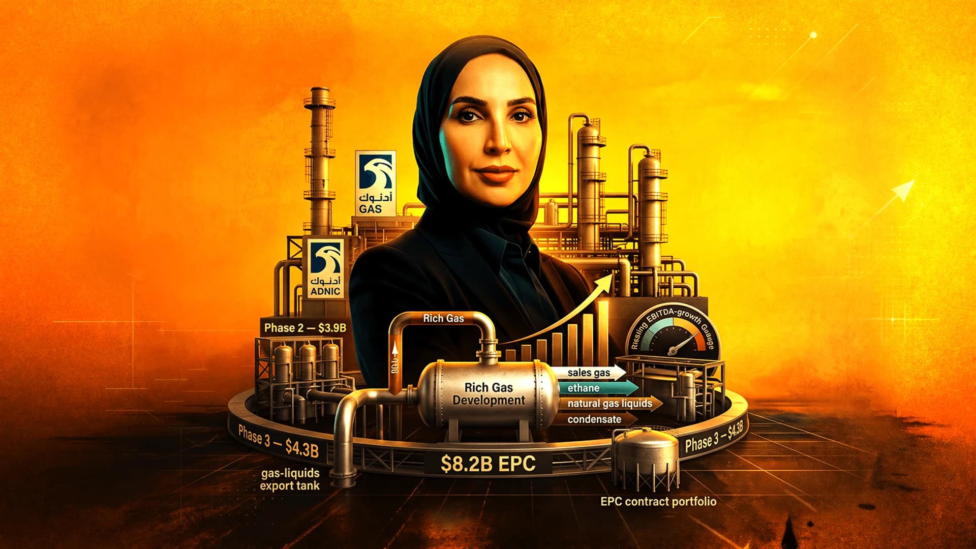 Portrait of a woman in a hijab over a gas plant illustration with financial charts and ADNOC logos.
