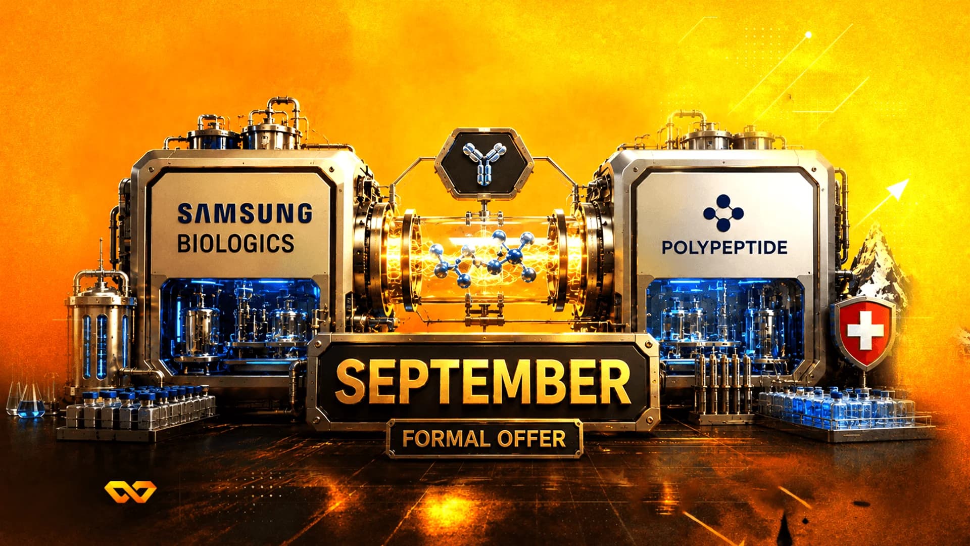 Biotech machinery with Samsung Biologics and PolyPeptide logos, a molecular tube, and September Formal Offer text.