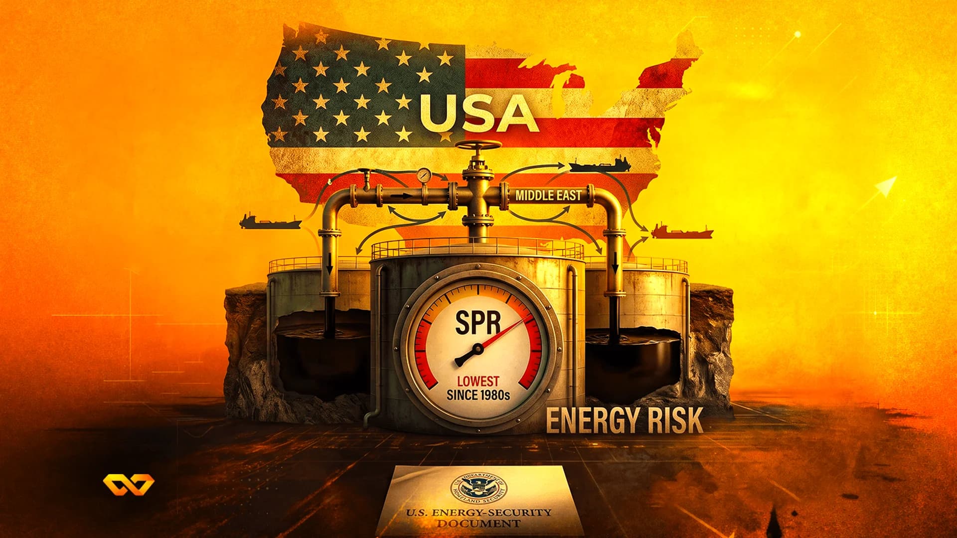 A map of the USA with the American flag, oil tanks, a gauge labeled SPR, and the text 'ENERGY RISK'.