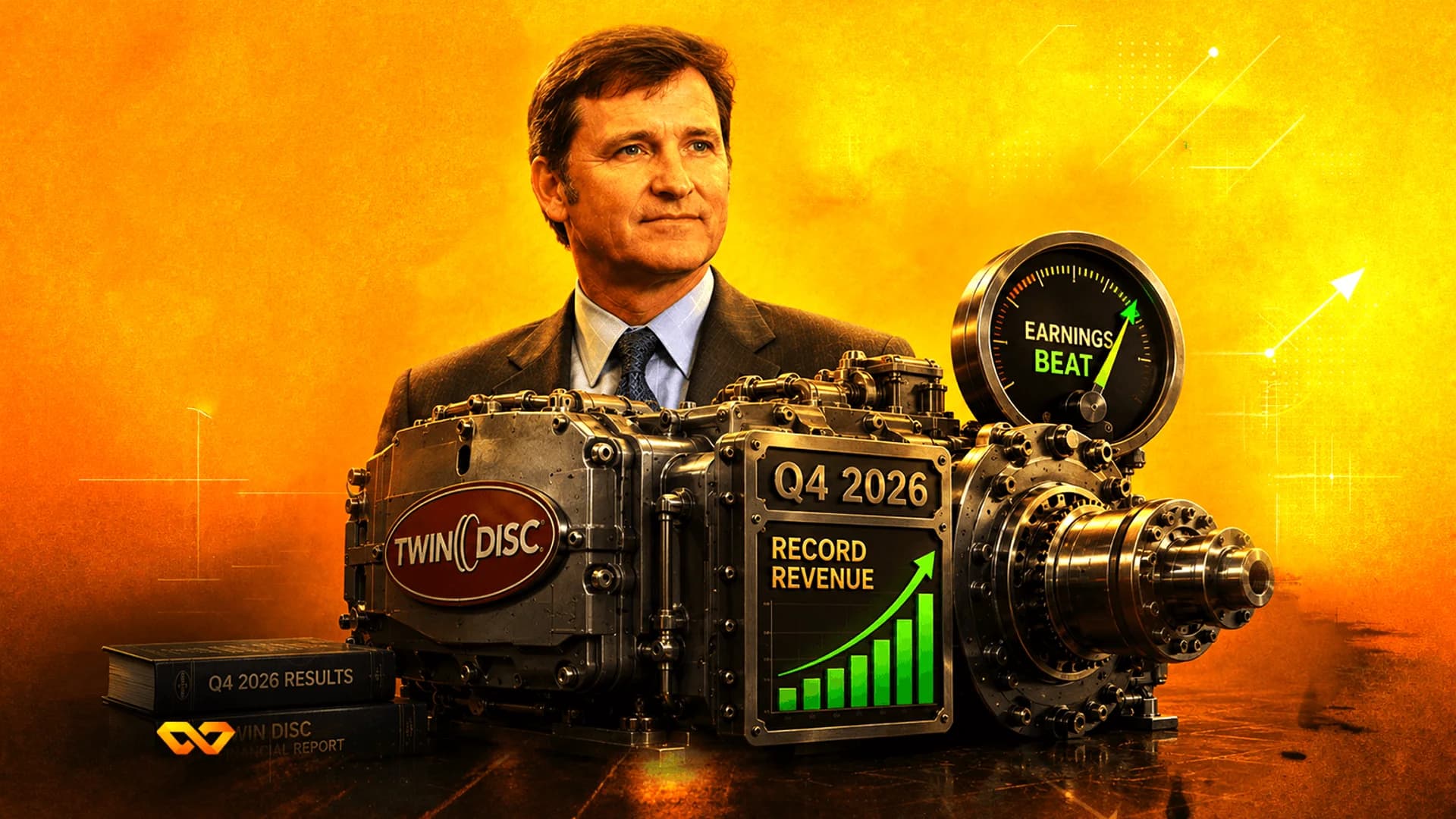 Man in a suit behind a Twin Disc engine with a revenue chart and earnings beat gauge on an orange background.